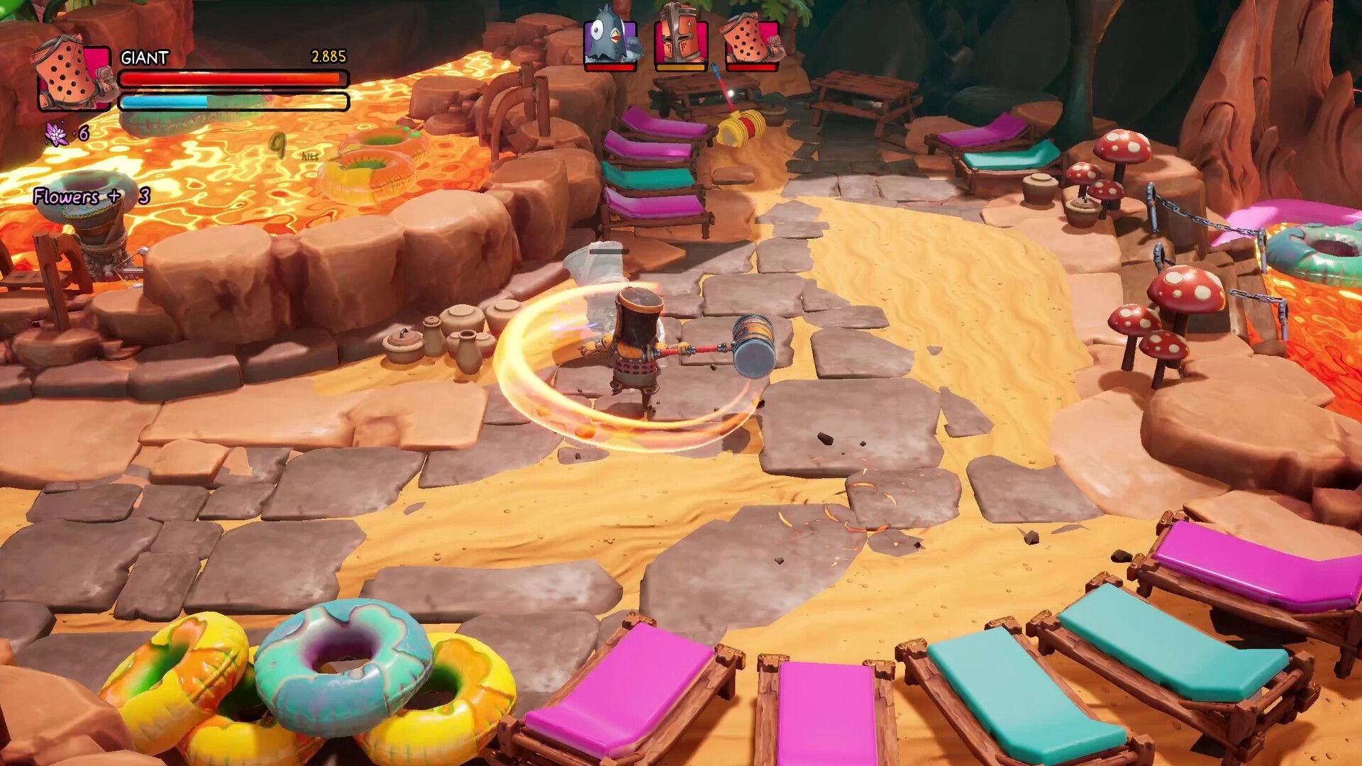 Big Helmet Heroes: Knight battling by lava pool with health bar, surrounded by colorful loungers