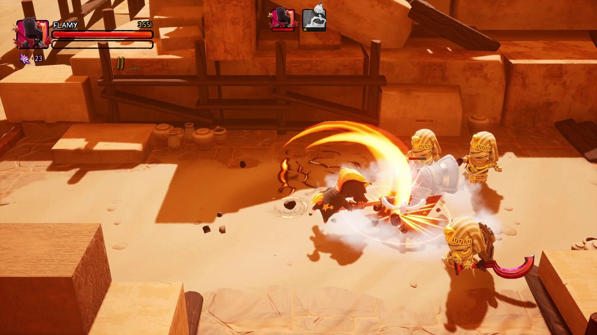 Big Helmet Heroes: Flamy in combat with mummies in a desert arena, health bar and hits counter visible