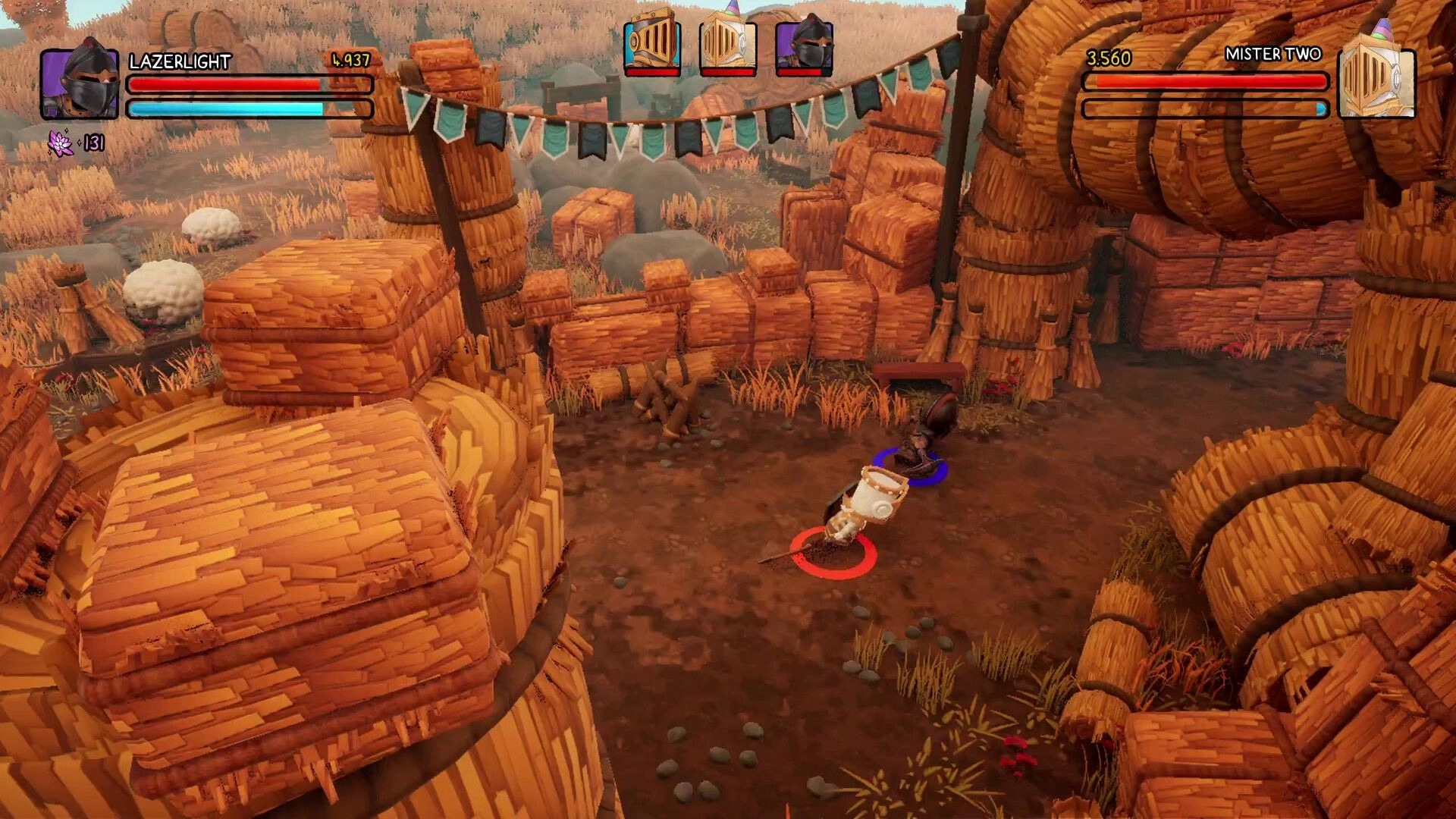 Big Helmet Heroes: Knights Lazerlight and Mister Two duel in a straw-filled arena with health bars visible.