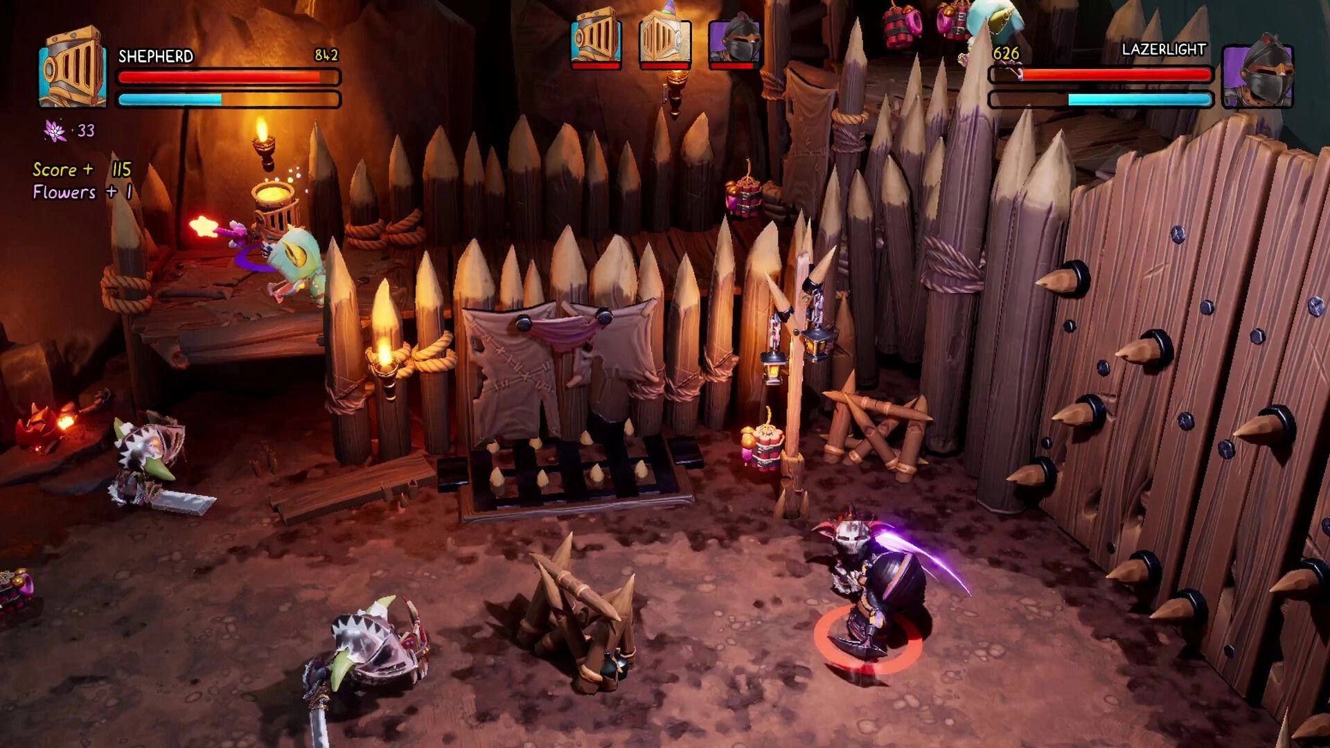 Big Helmet Heroes: Combat in a wooden fortress with knights battling goblin-like enemies and UI displays