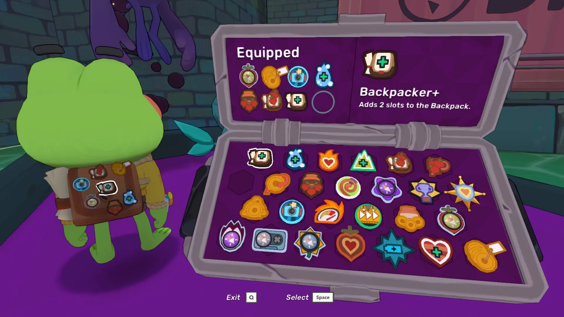 Big Hops: Frog character managing badge inventory in vibrant, colorful interface with backpack upgrades.