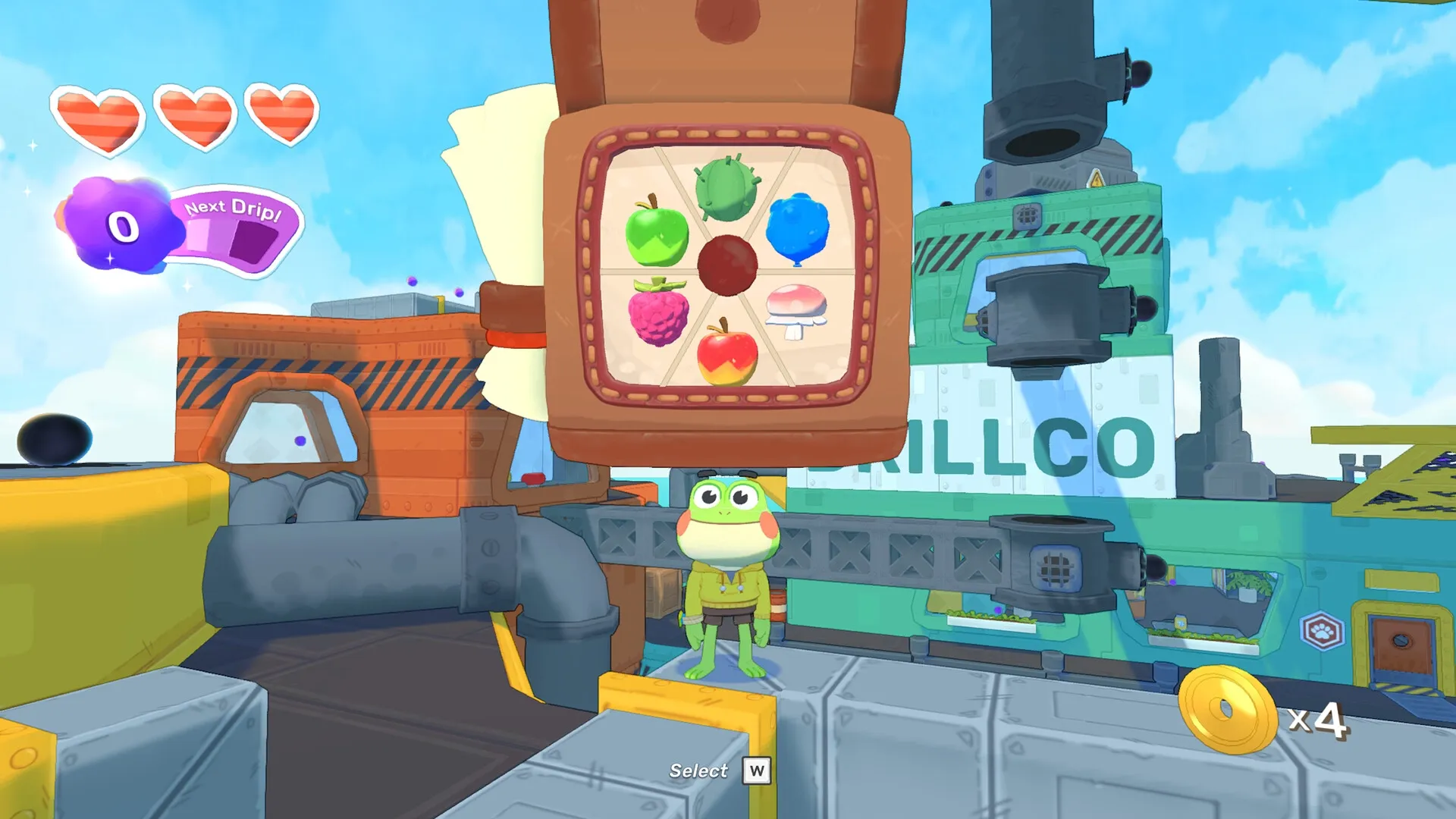 Big Hops: Frog character stands by a veggie selection menu in a colorful industrial platform setting