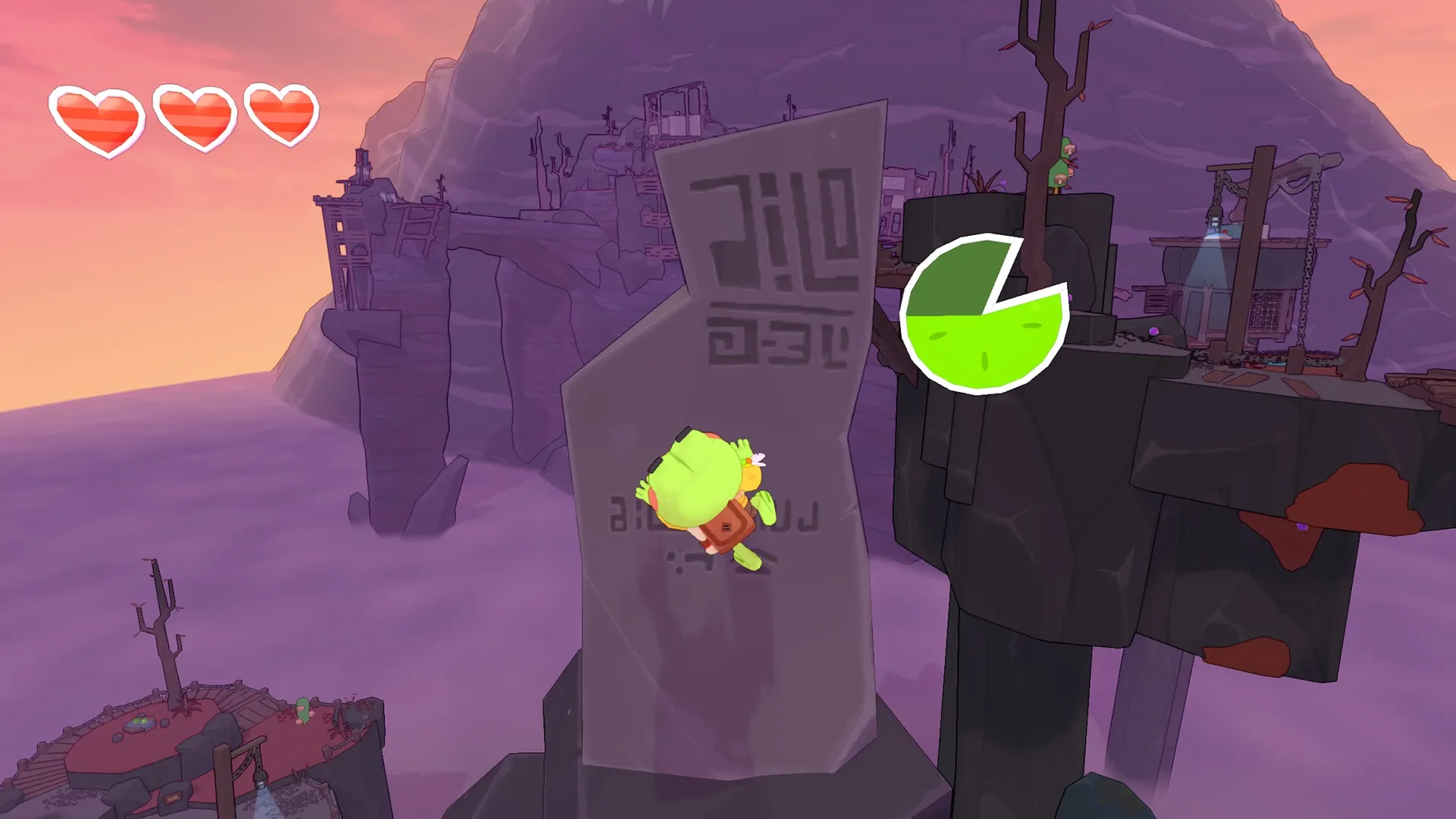 Big Hops: Frog character climbing stone wall in desert canyon with health hearts and radar UI visible