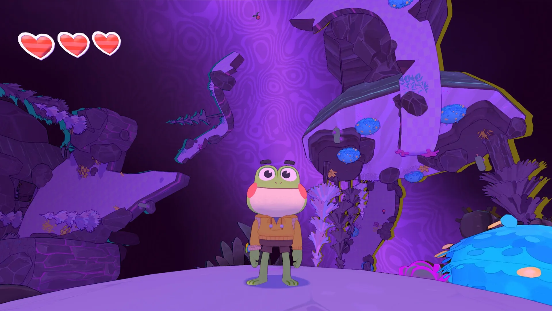 Big Hops: Frog character stands on a platform in a vibrant purple cave, with heart icons above.