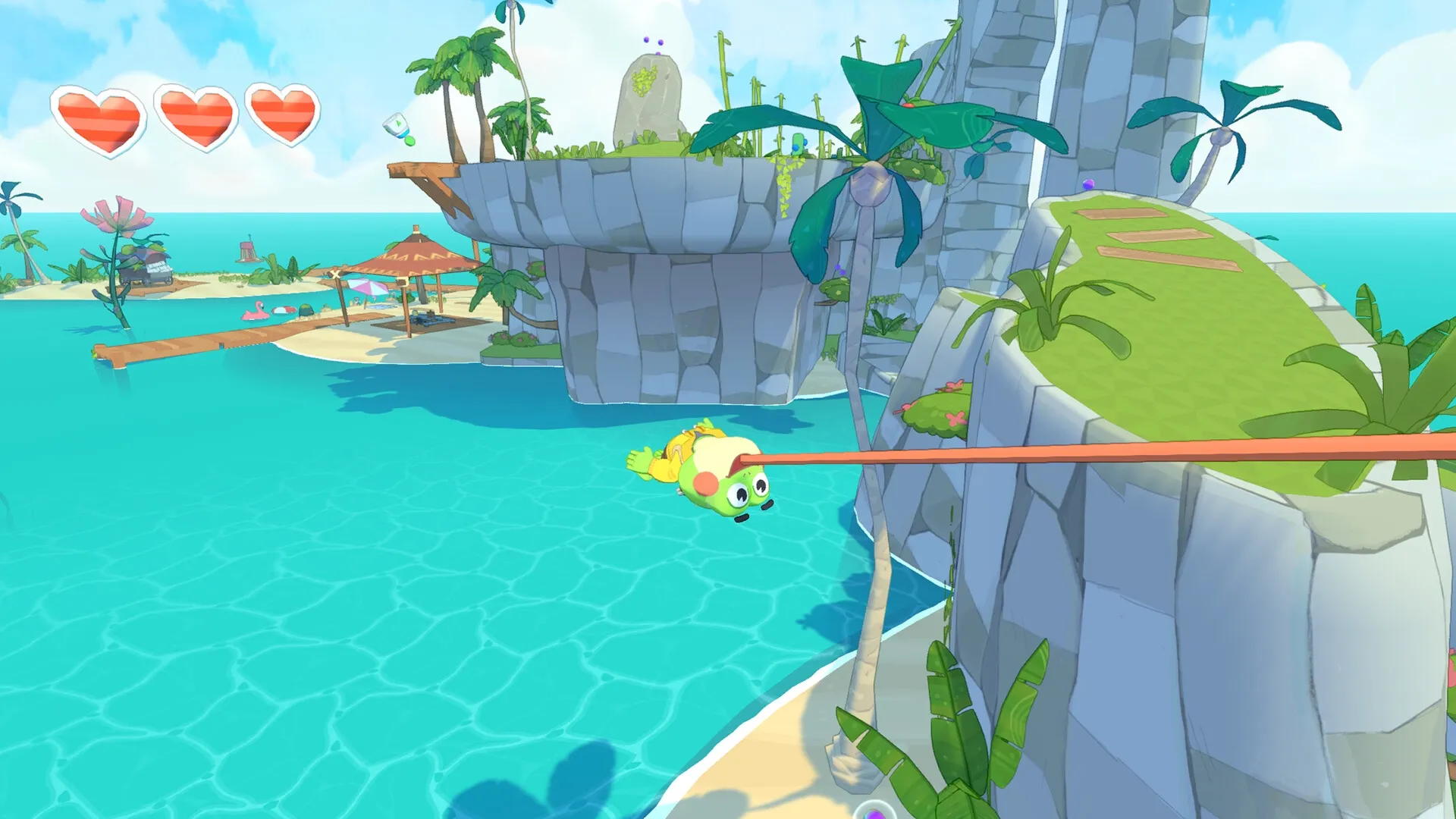 Big Hops: Frog character tongue-swinging across turquoise water near cliffs and tropical island scenery