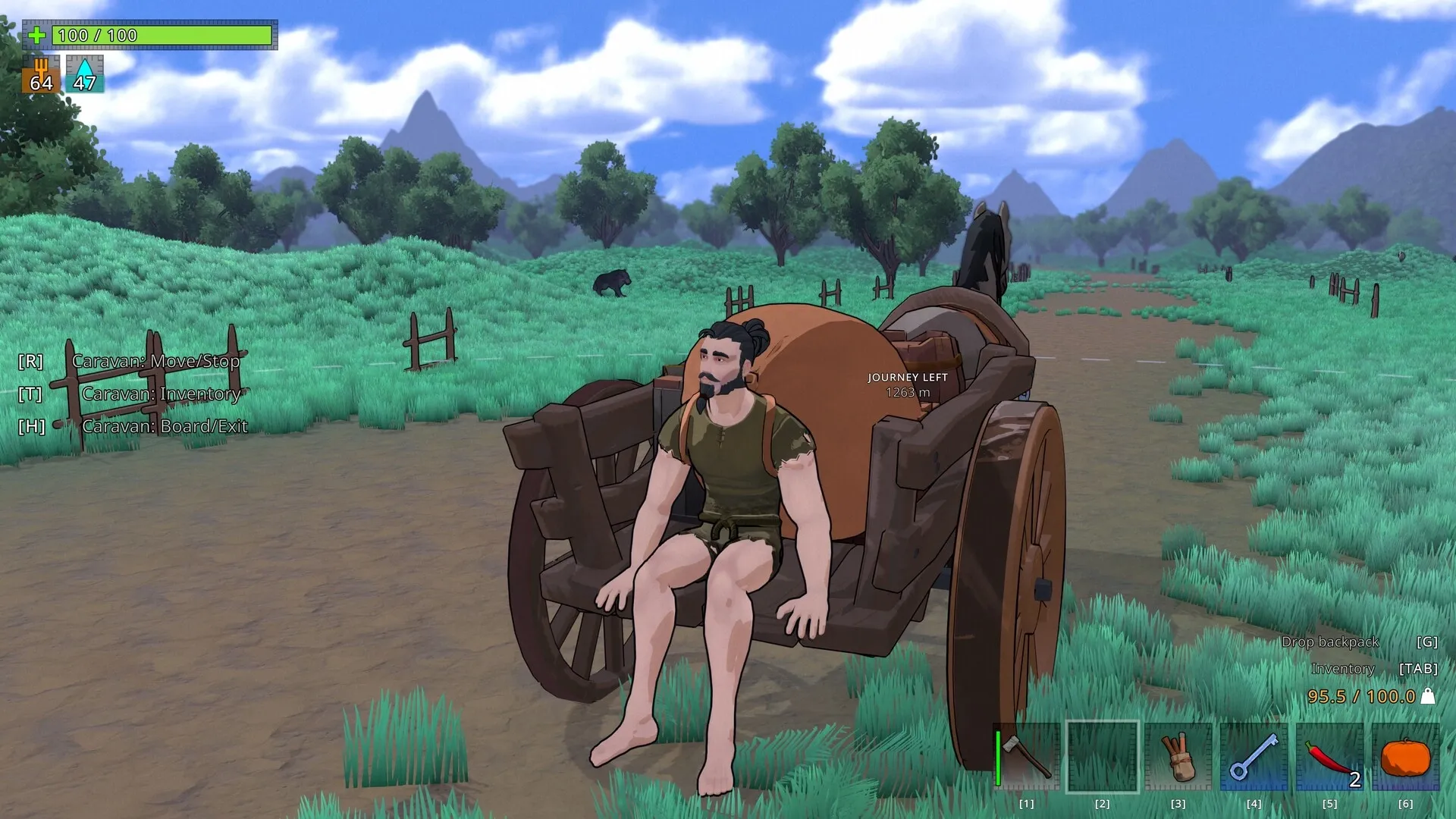 BIG LOOT: Traveler on a wagon in a lush field with UI showing health, inventory, and journey distance