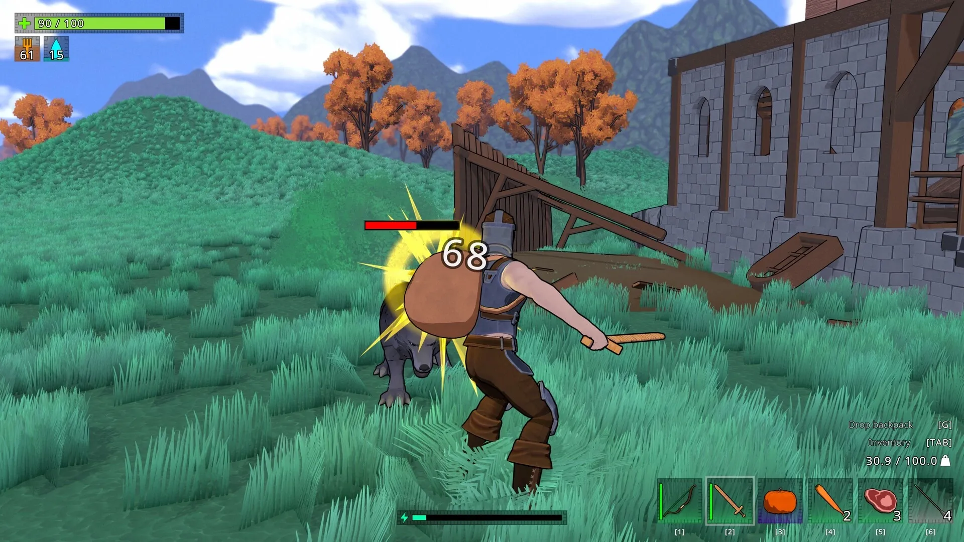 BIG LOOT: Player battles a wolf near a ruined building, health and inventory displayed on screen.