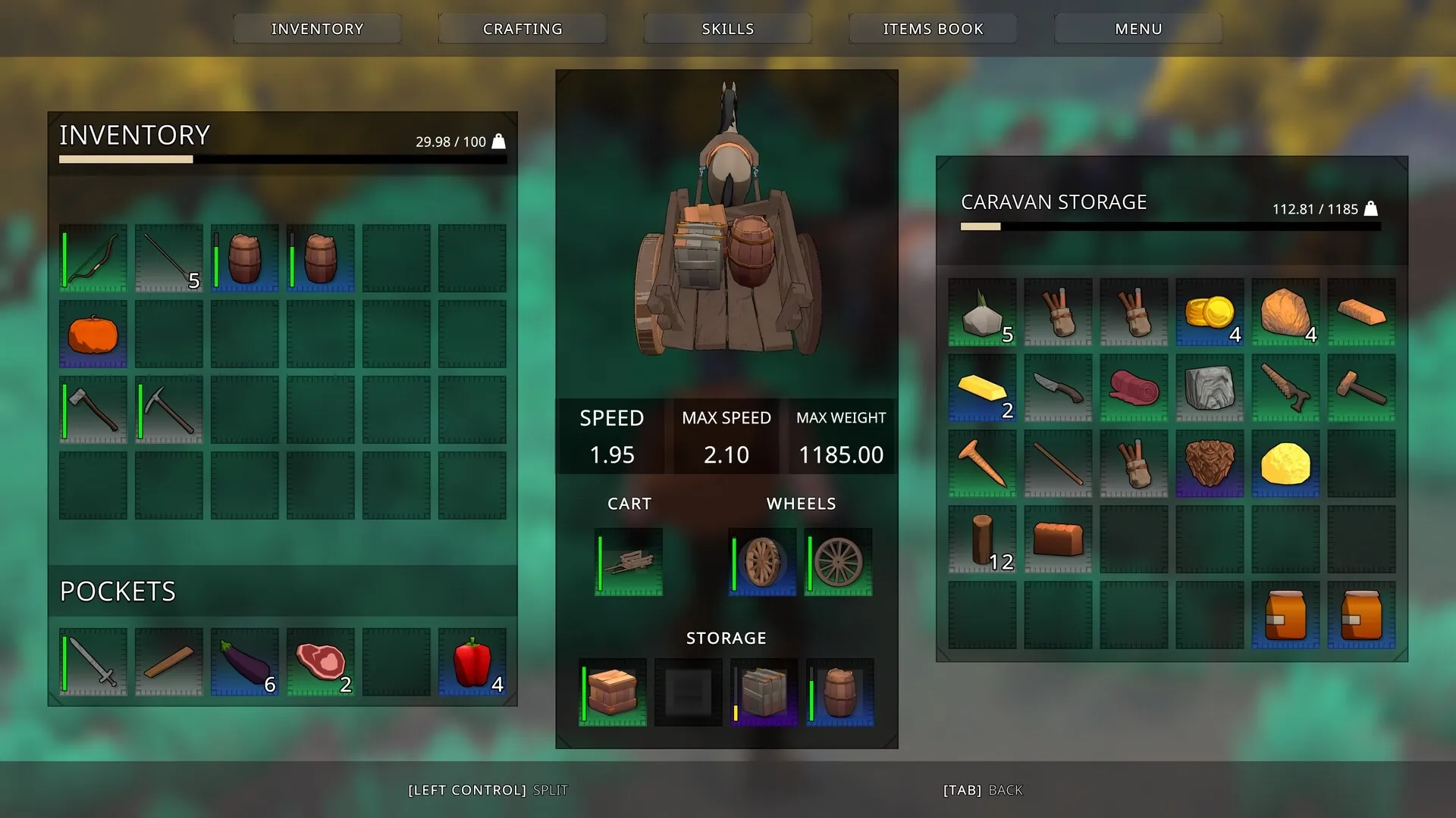 BIG LOOT: Inventory and caravan storage screens with various items and cart details in forest setting