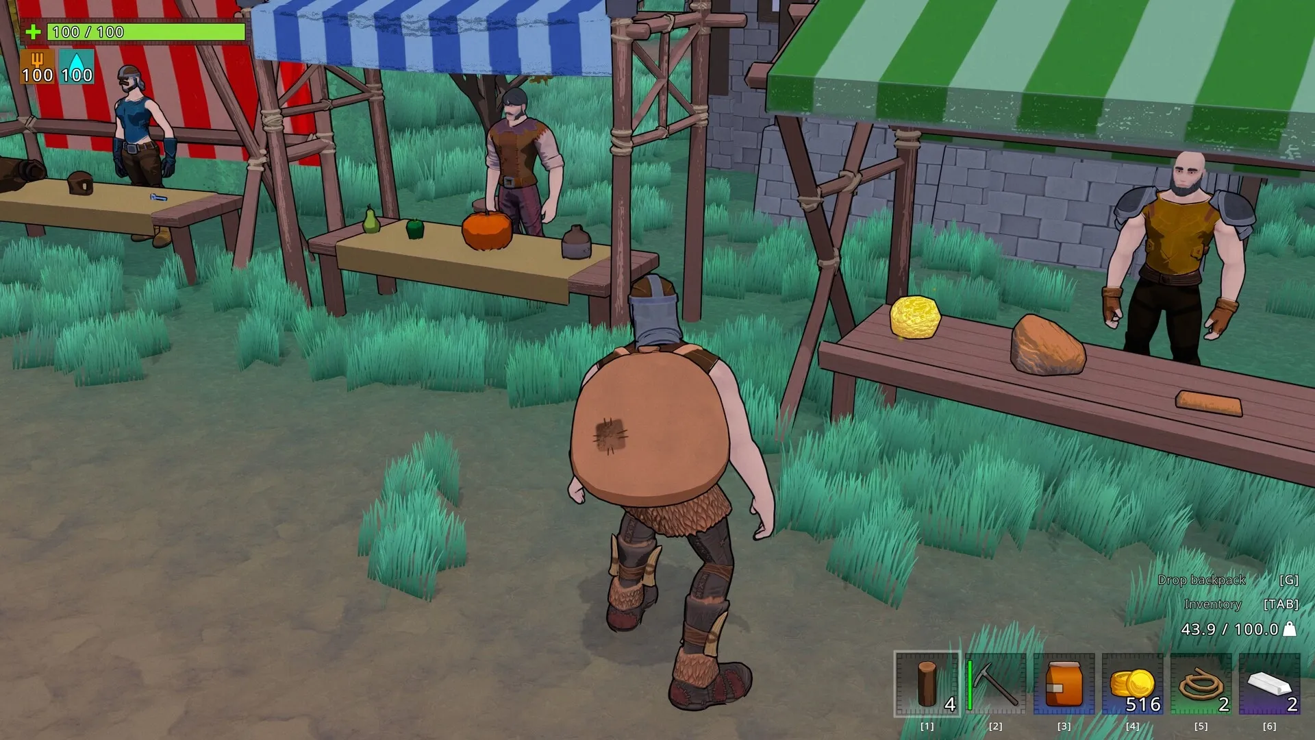 BIG LOOT: Player explores market stalls with NPC vendors, colorful tents, and visible inventory icons.