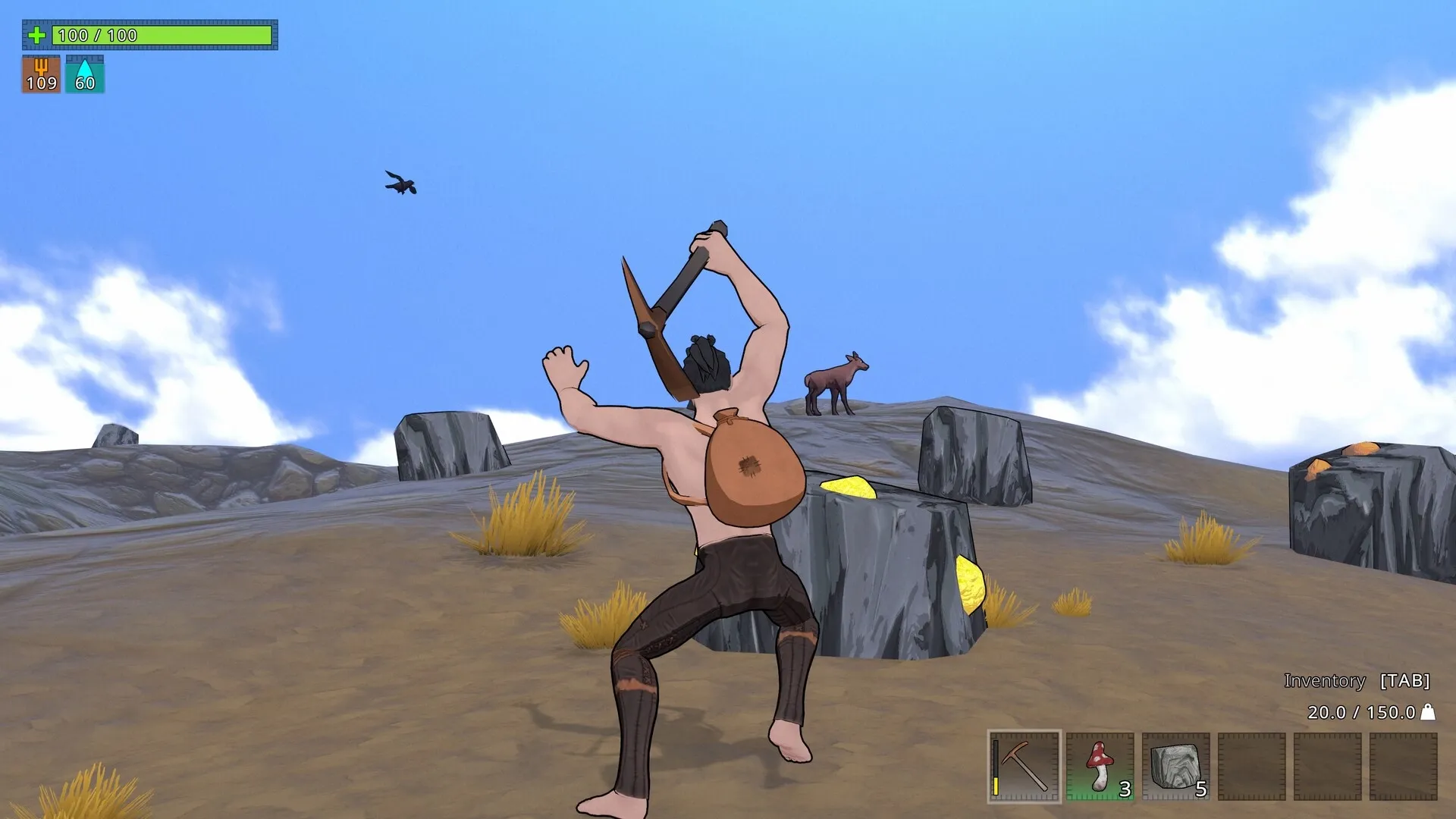 BIG LOOT: Player character mining gold with pickaxe on rocky terrain, inventory menu at bottom right