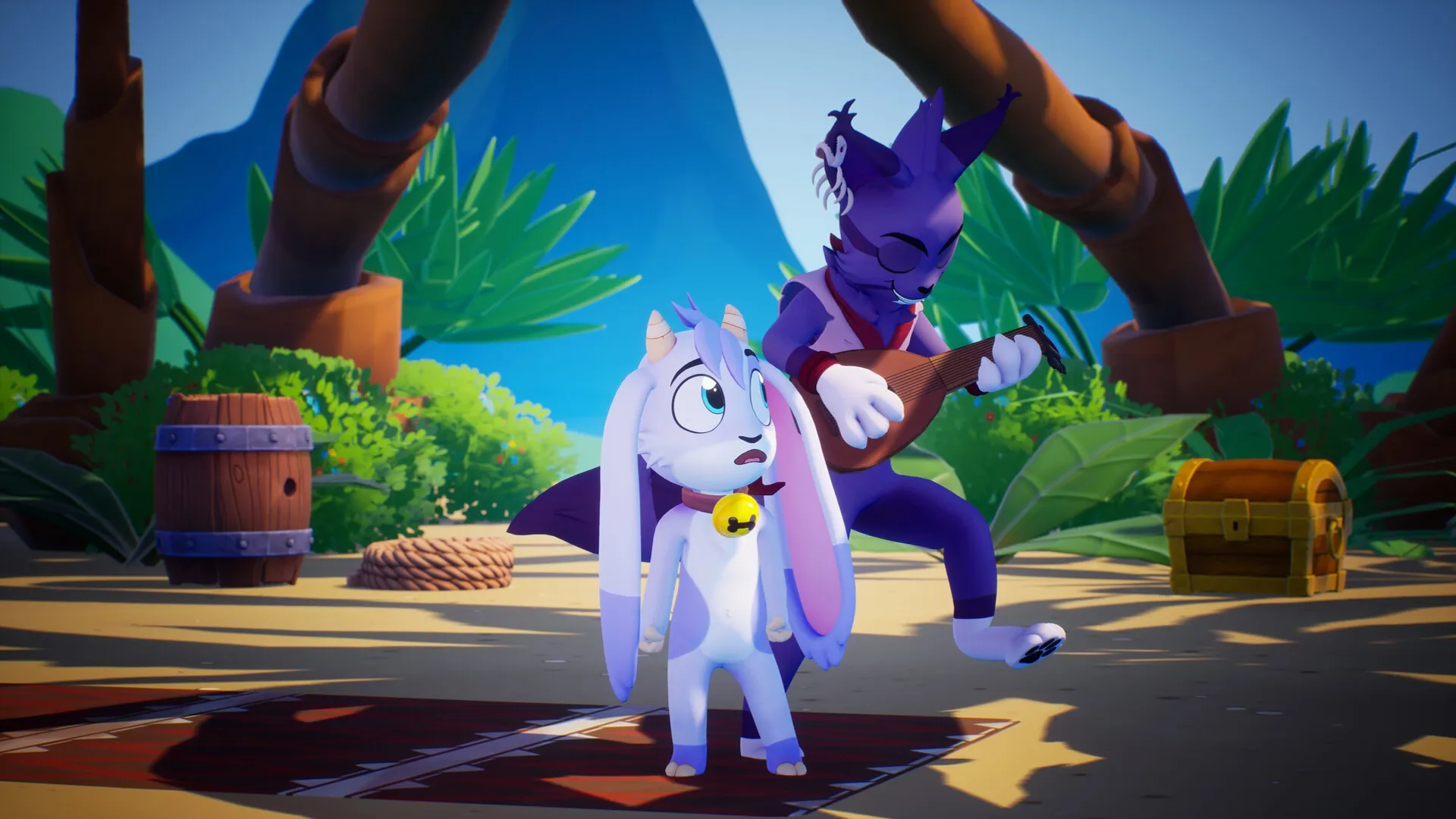 Billie Bust Up: Billie and purple character in tropical setting with guitar and treasure chest nearby