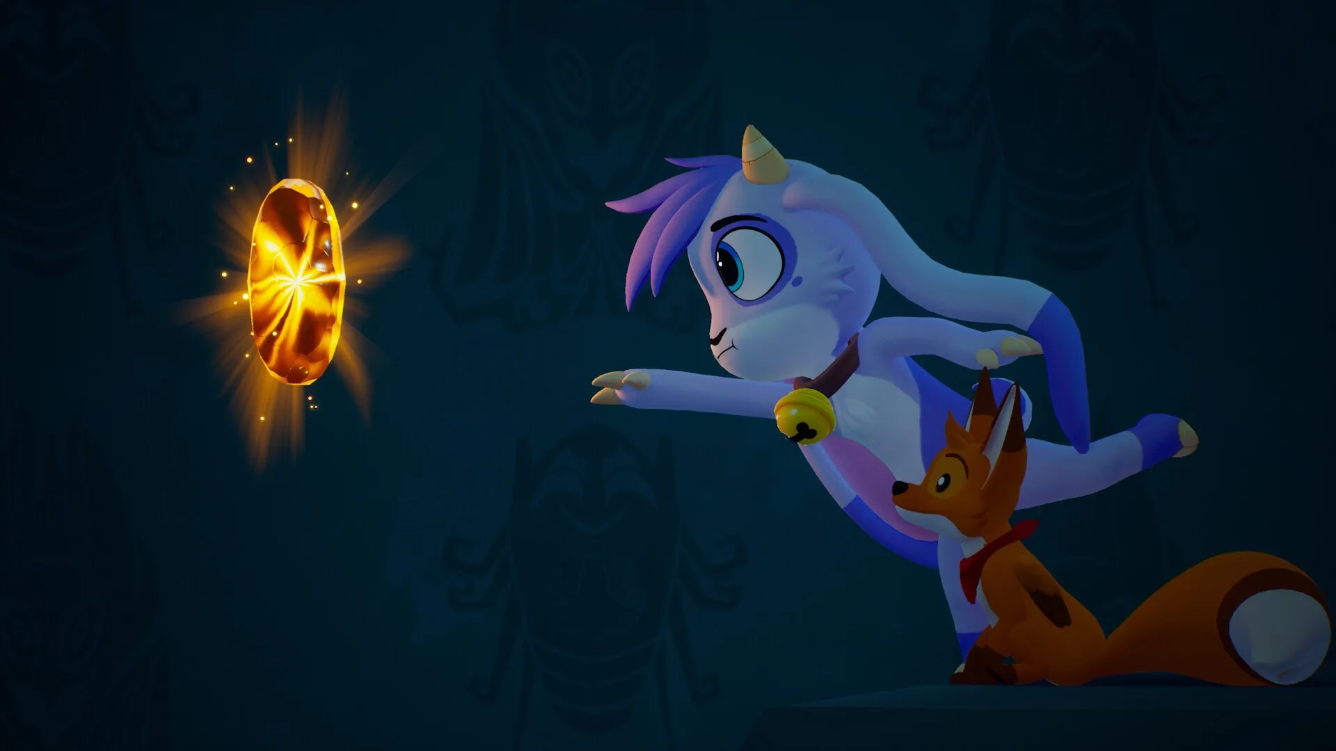 Billie Bust Up: Billie and fox companion reach for glowing artifact in dark, mystical chamber