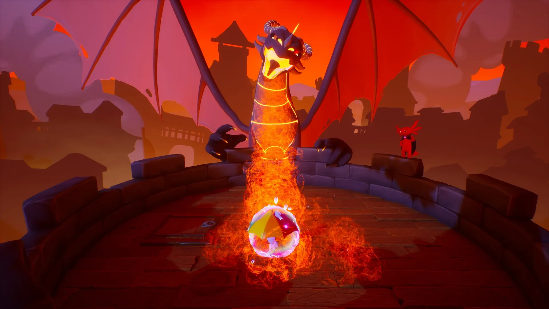 Billie Bust Up: Dragon breathing fire at character with umbrella on castle tower in fiery sunset sky