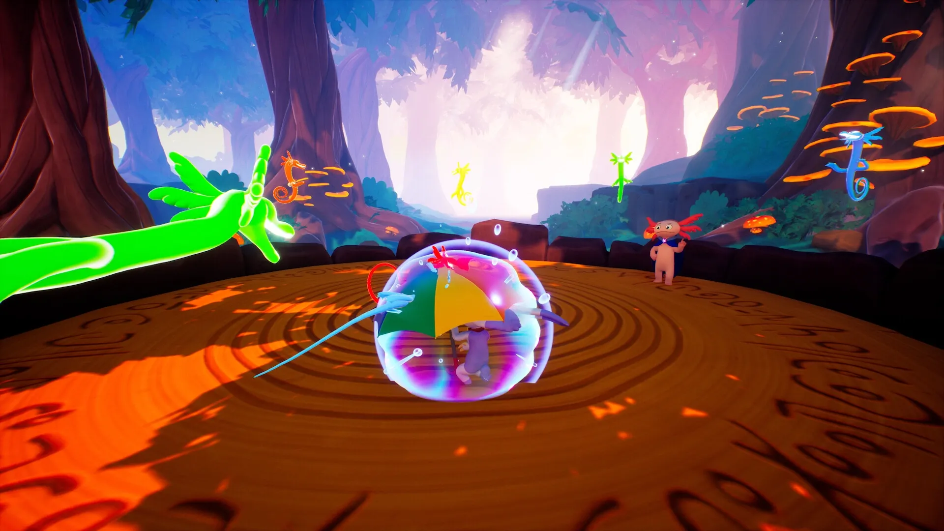 Billie Bust Up: Character dodging green magic attack in a colorful forest clearing