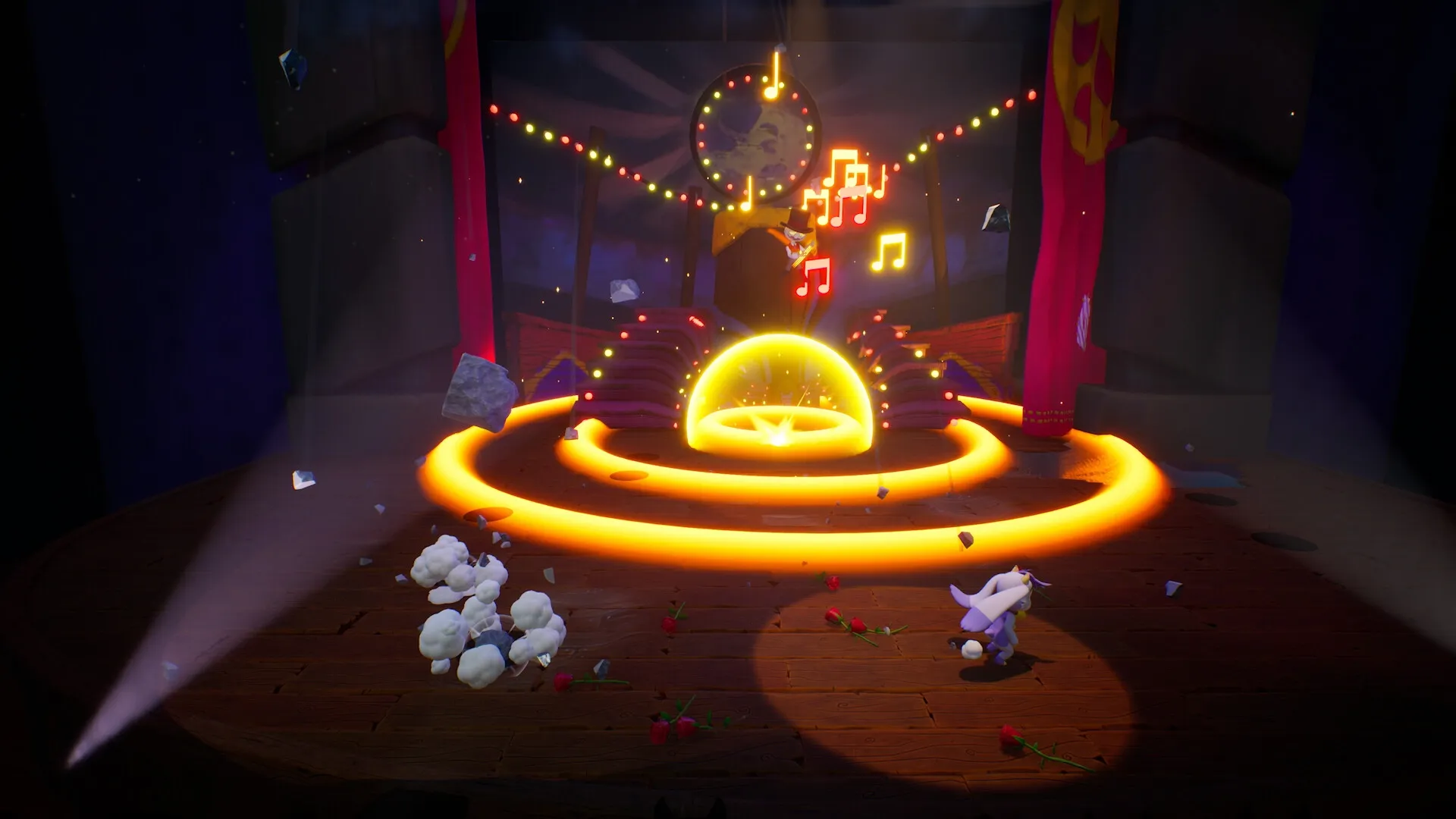 Billie Bust Up: Billie dodges glowing music notes on a wooden stage with vibrant lights and curtains.