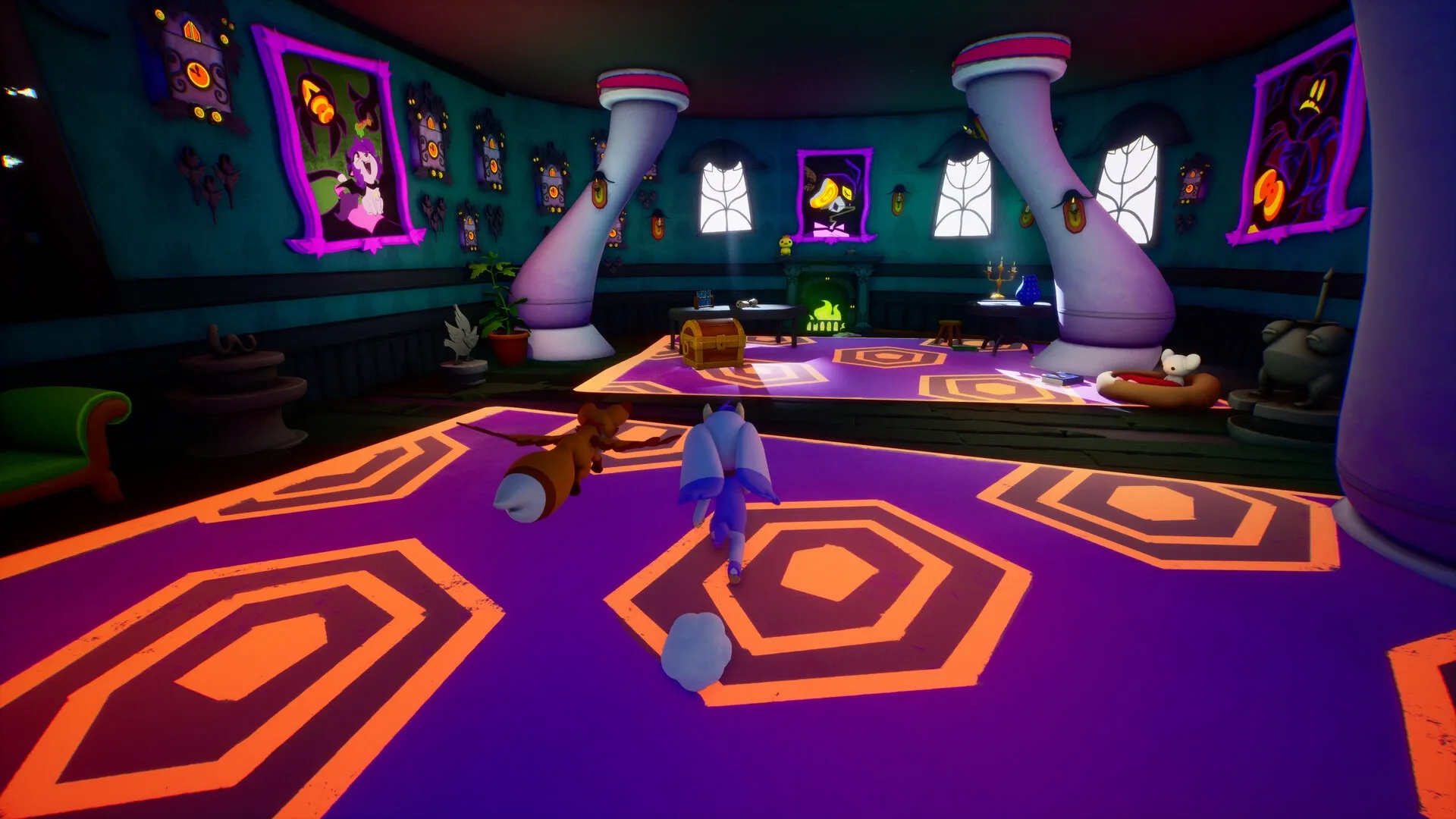 Billie Bust Up: Billie and friend explore vibrant, whimsical room with framed portraits and glowing floor.