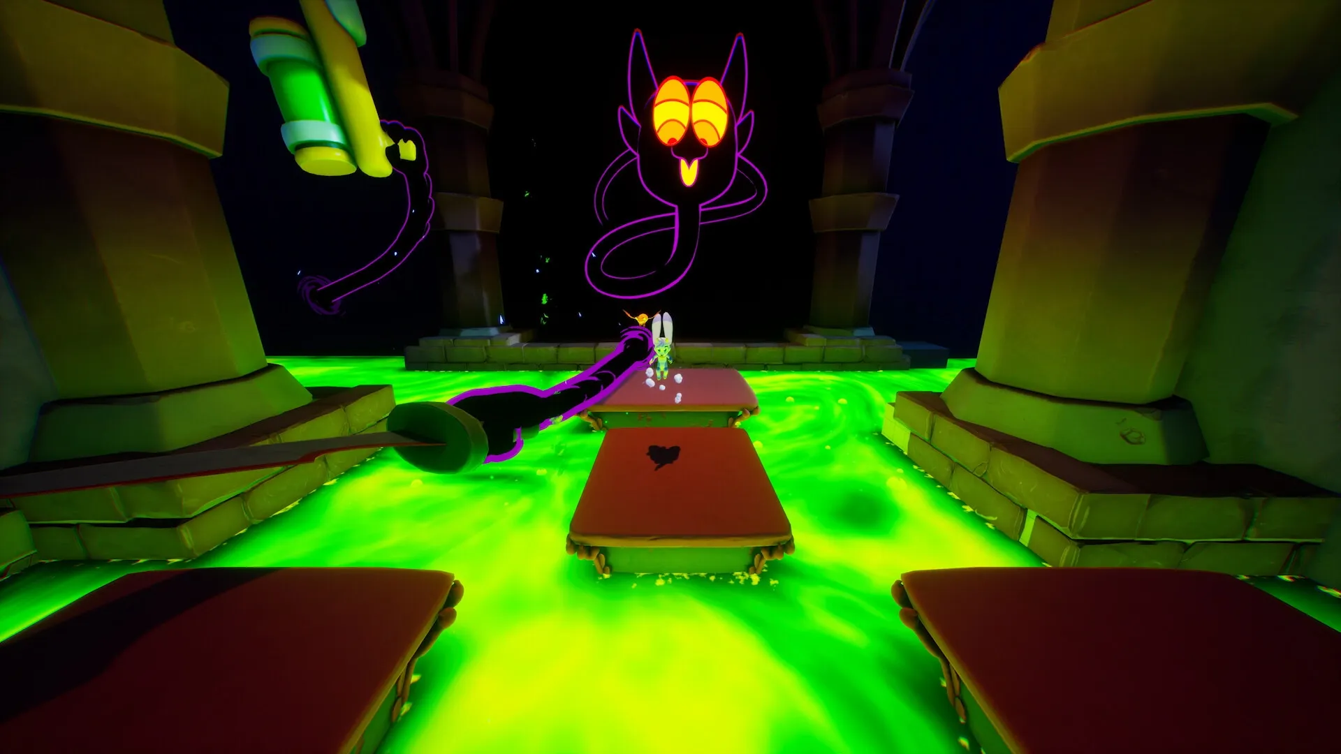 Billie Bust Up: Character jumps across platforms in a glowing green liquid temple with a shadowy figure