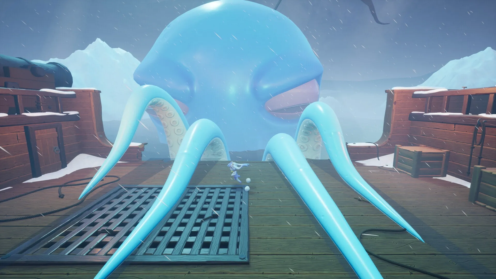 Billie Bust Up: Character dodges giant blue tentacles on snow-covered ship deck in icy mountain setting
