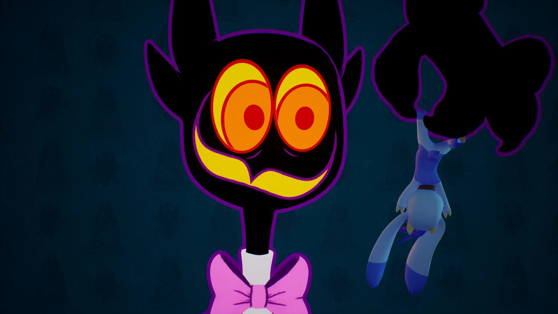 Billie Bust Up: Cartoonish character with glowing eyes and bow tie in dark, mysterious setting