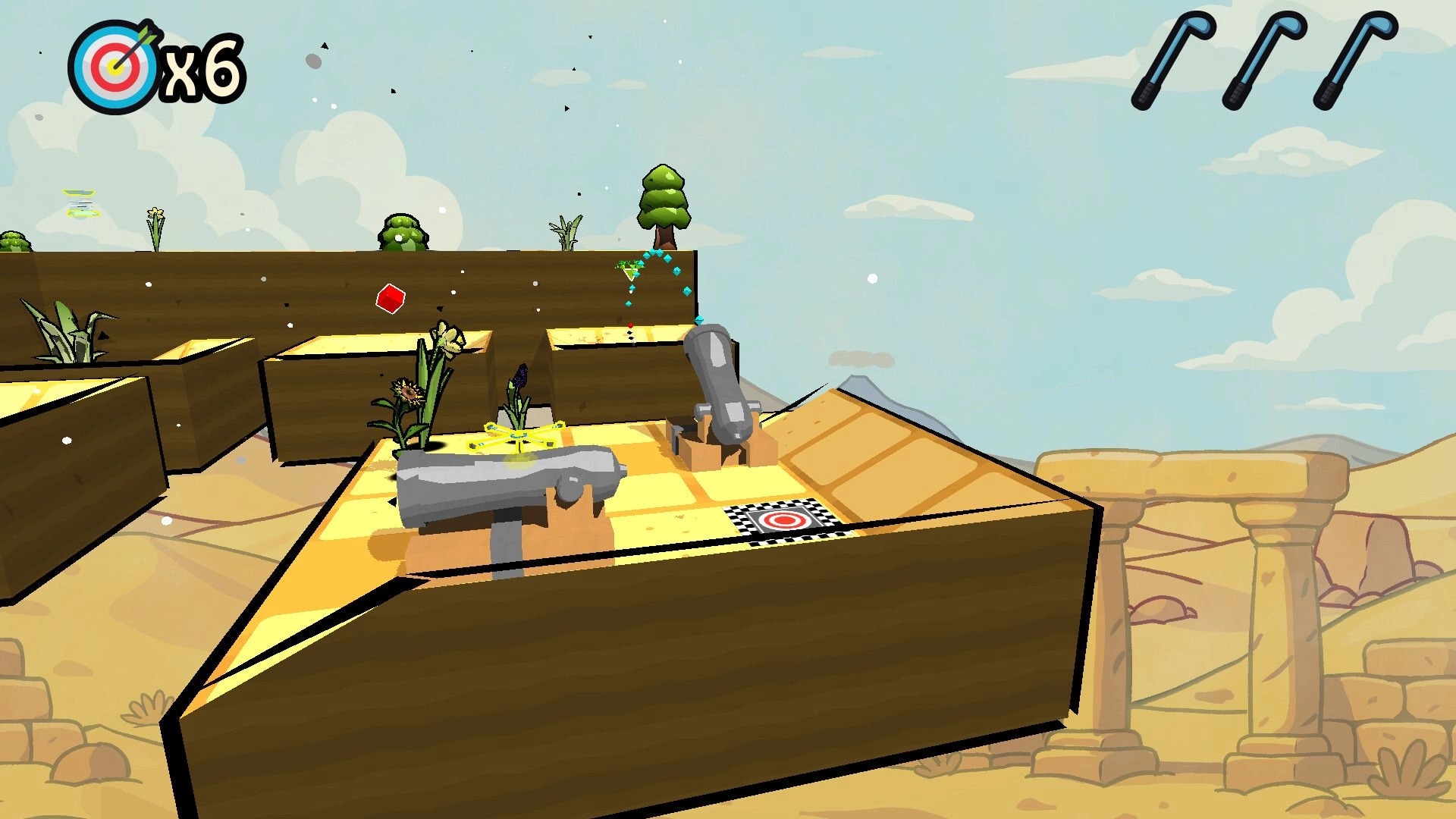 Binary Golf: Player aiming shot with cannon on desert platform, target icon visible, six shots left