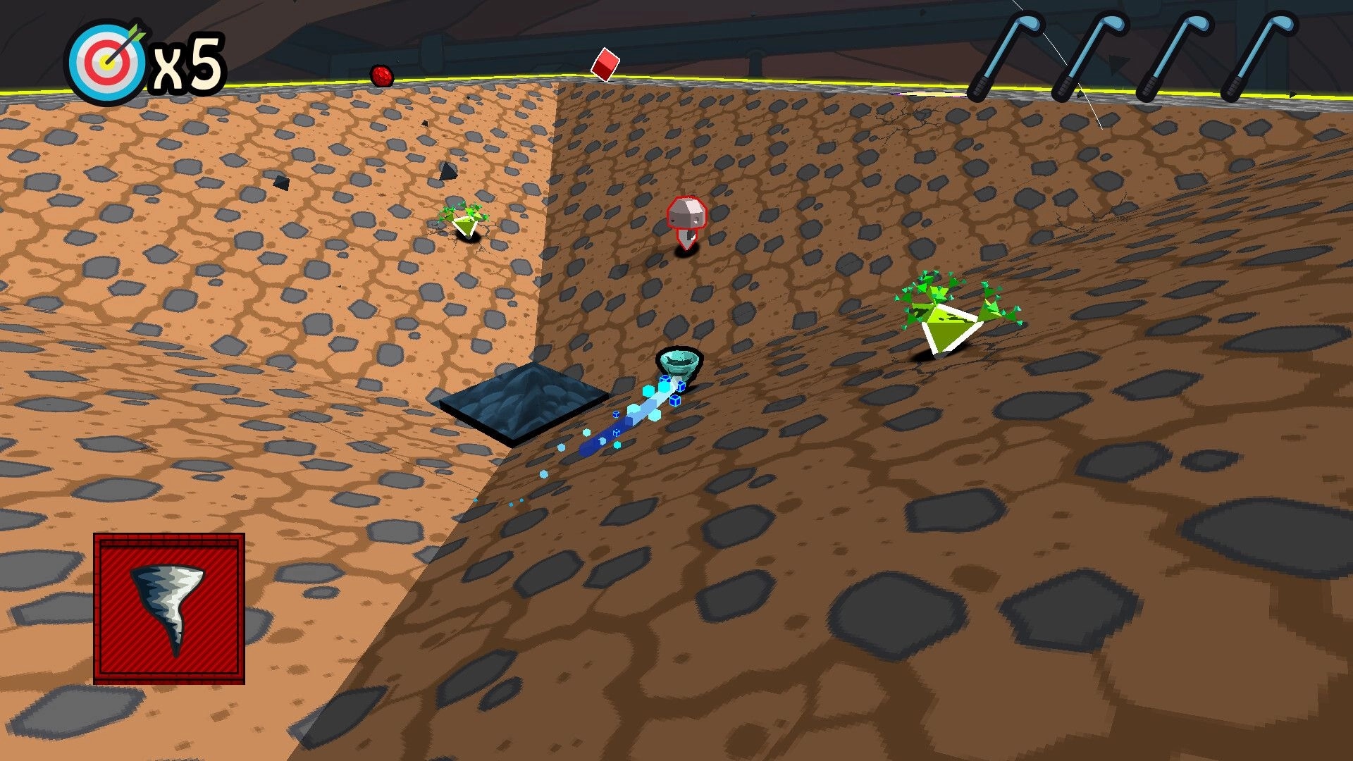 Binary Golf: Ball with blue trail approaching enemy targets in a rocky arena with tornado power-up icon