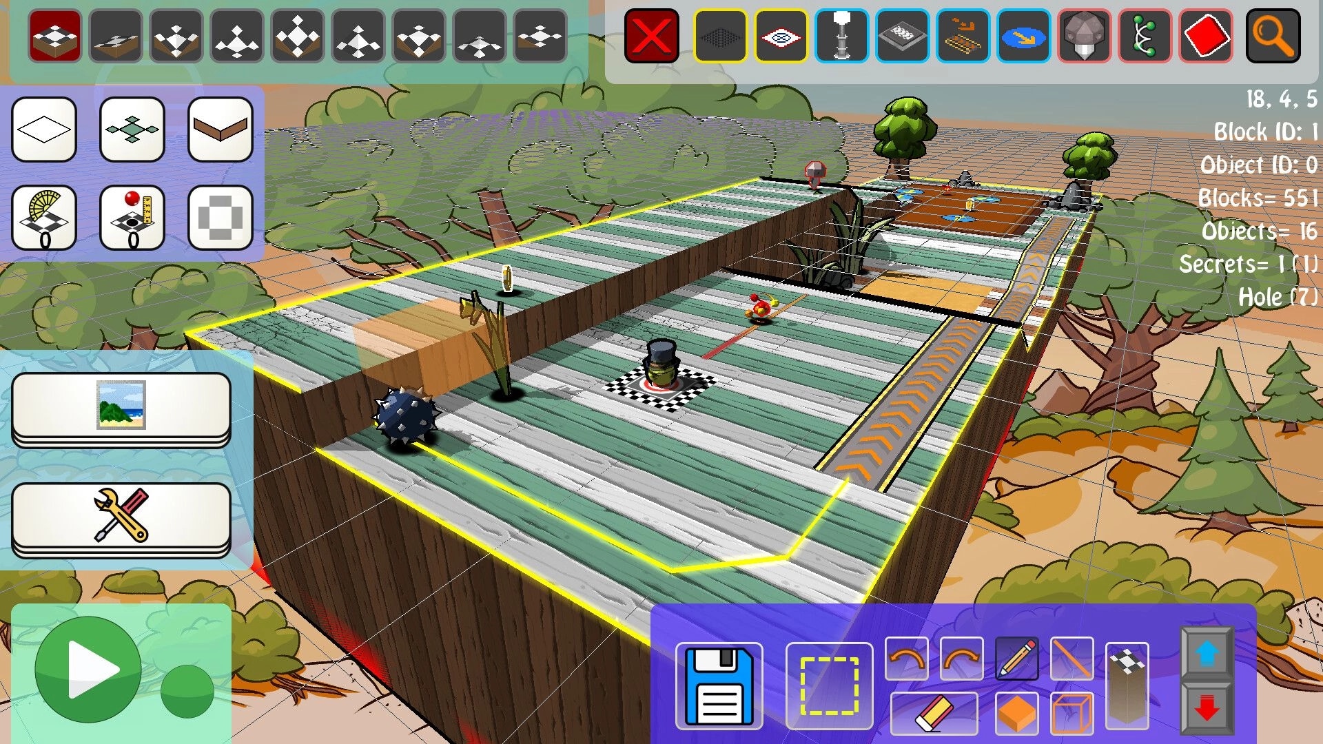Binary Golf: Overhead view of a mini-golf course with grid layout, obstacles, and UI elements visible