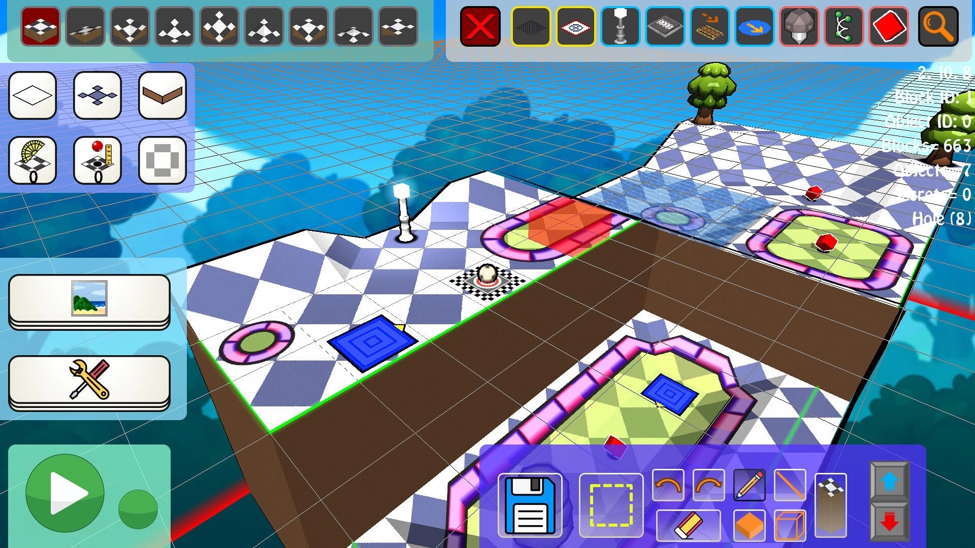 Binary Golf: Overhead view of a colorful mini-golf course with UI icons and editing tools visible.