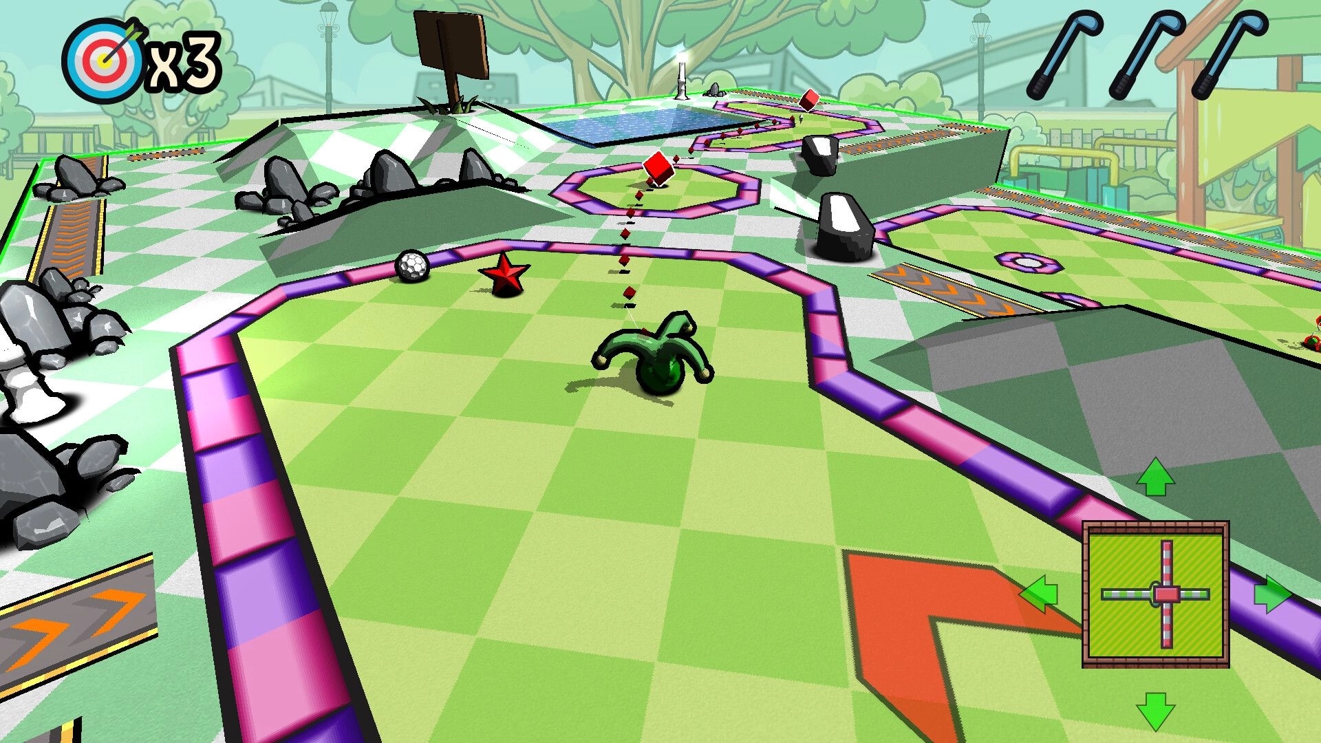 Binary Golf: Curved shot towards targets on colorful mini-golf course with obstacles and power-ups