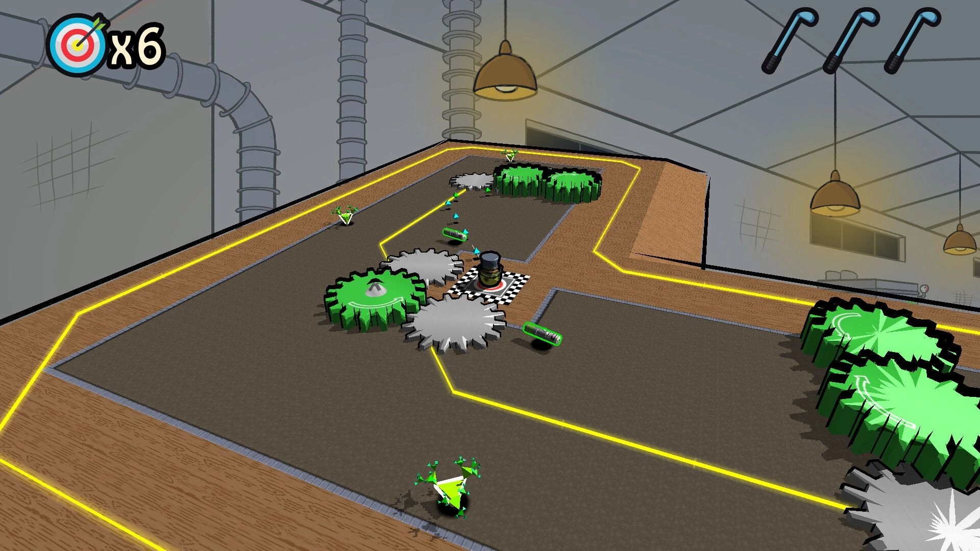 Binary Golf: Player navigates ball through industrial course with gears and targets in factory setting.