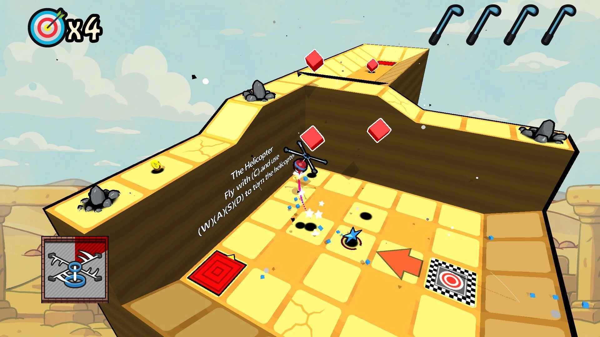 Binary Golf: Helicopter power-up over tiled course with red targets and directional arrow