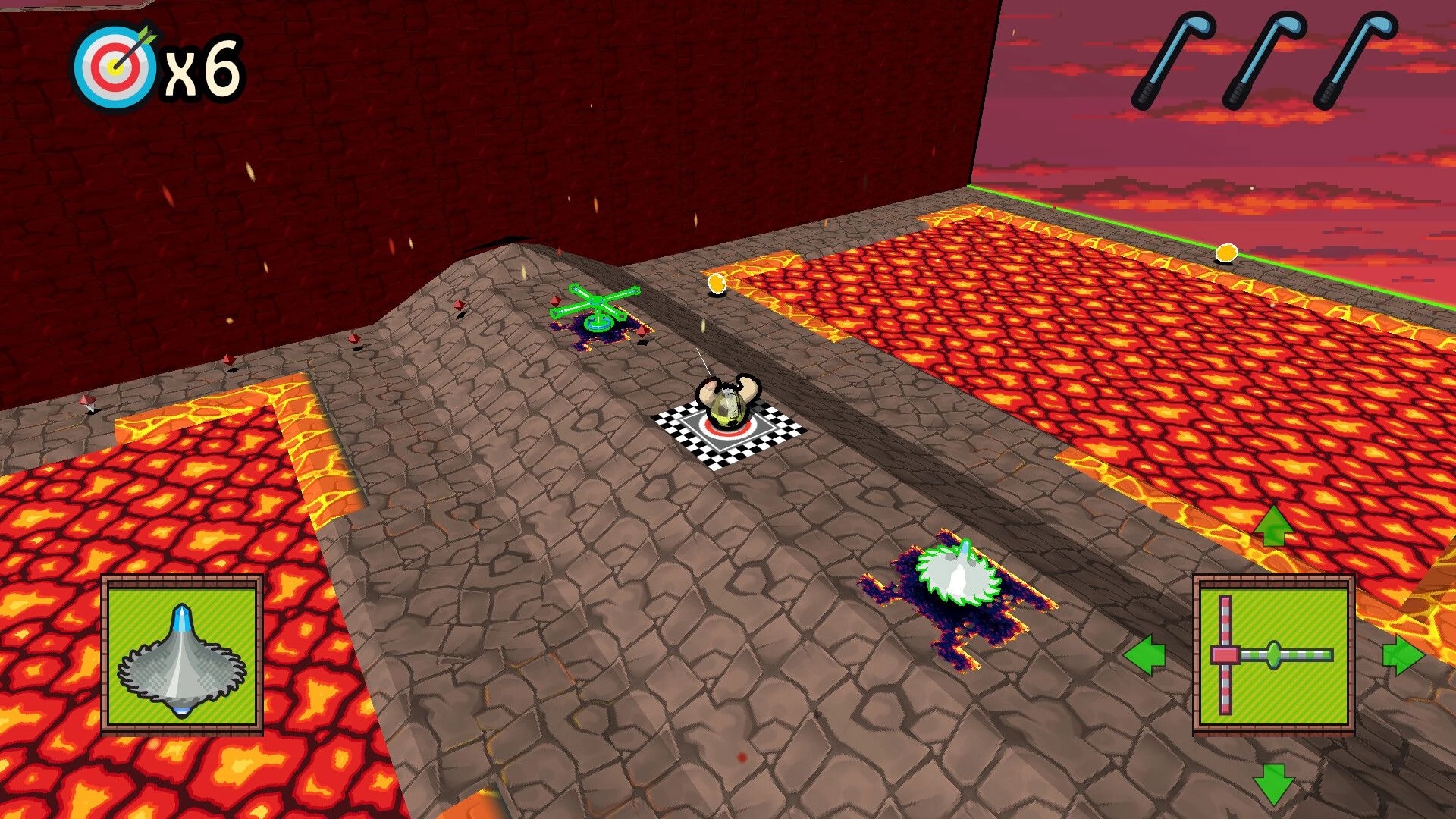 Binary Golf: Ball positioned on checkered platform in lava-themed course with targets and obstacles