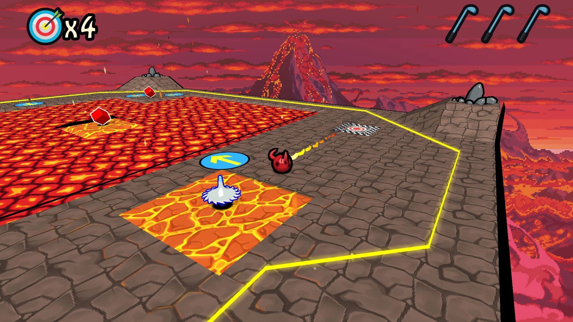 Binary Golf: Red ball curves towards target on lava-themed course with volcano backdrop