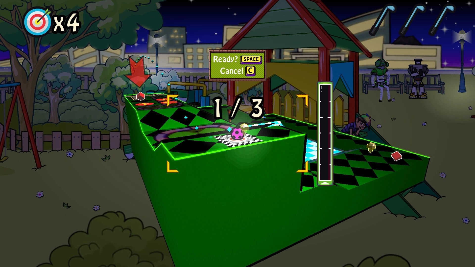 Binary Golf: Cartoon-style mini-golf course with power-up icons and shot meter in a night playground setting.