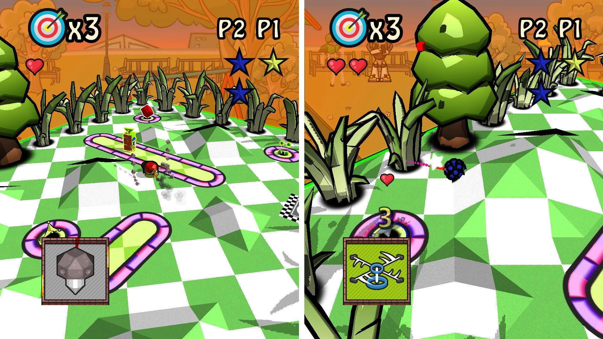 Binary Golf: Split-screen gameplay with colorful course, player icons, and target indicators visible.
