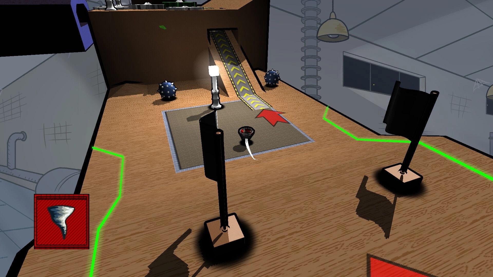 Binary Golf: Golf ball on wooden floor near ramp with spiked obstacles and tornado power-up icon visible