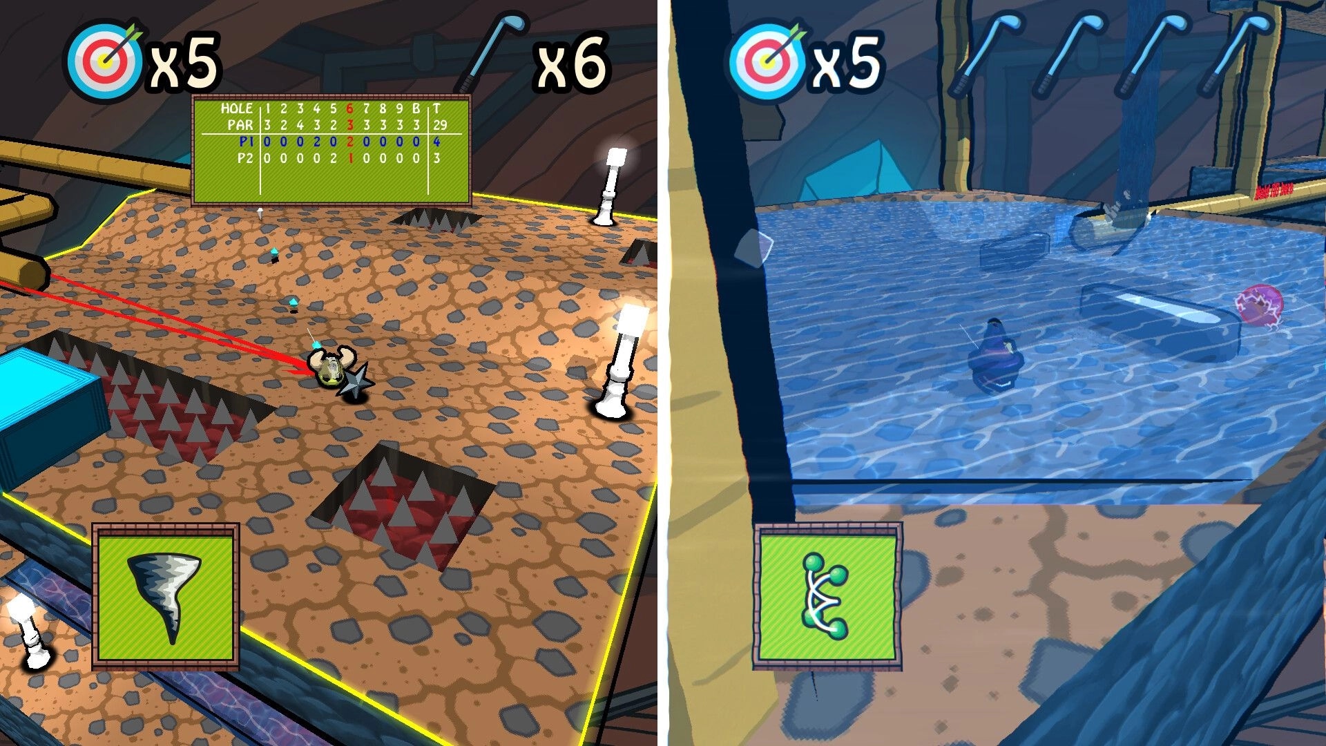 Binary Golf: Player navigating obstacle-filled terrain with power-up icons and scorecard display