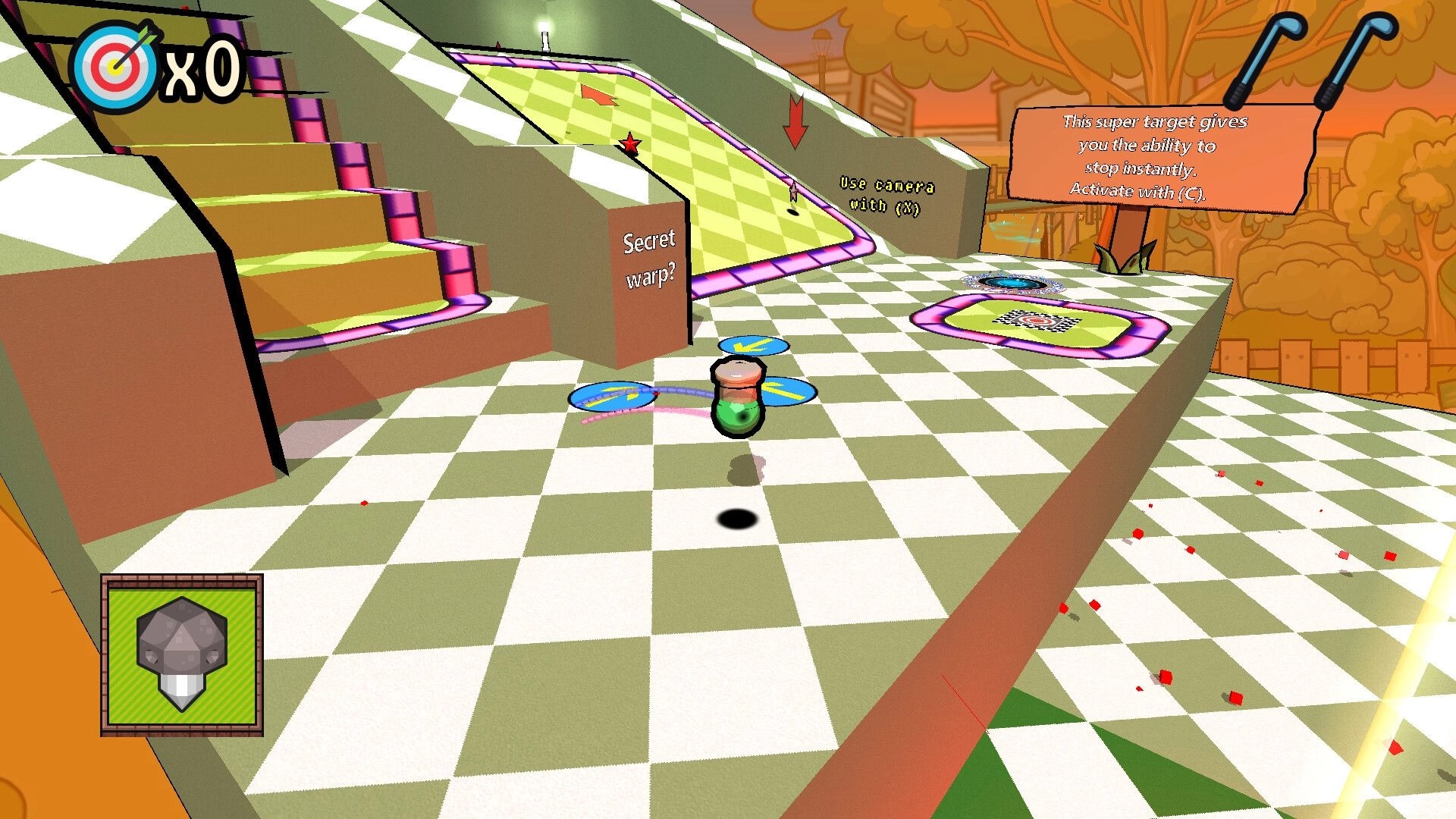 Binary Golf: Drone-like ball navigating colorful checkered course with warp zones and power-up signs