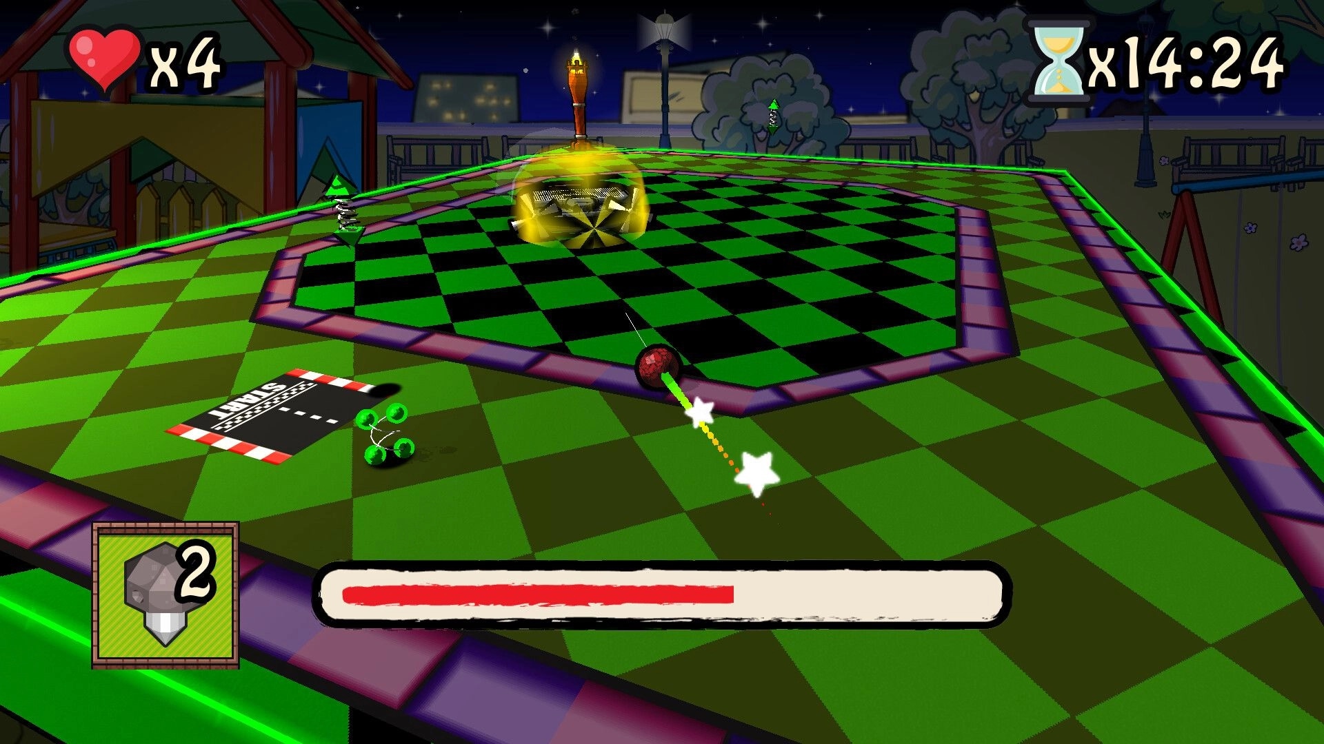 Binary Golf: Golf ball aiming towards a cup on a checkered course with UI displaying lives and time