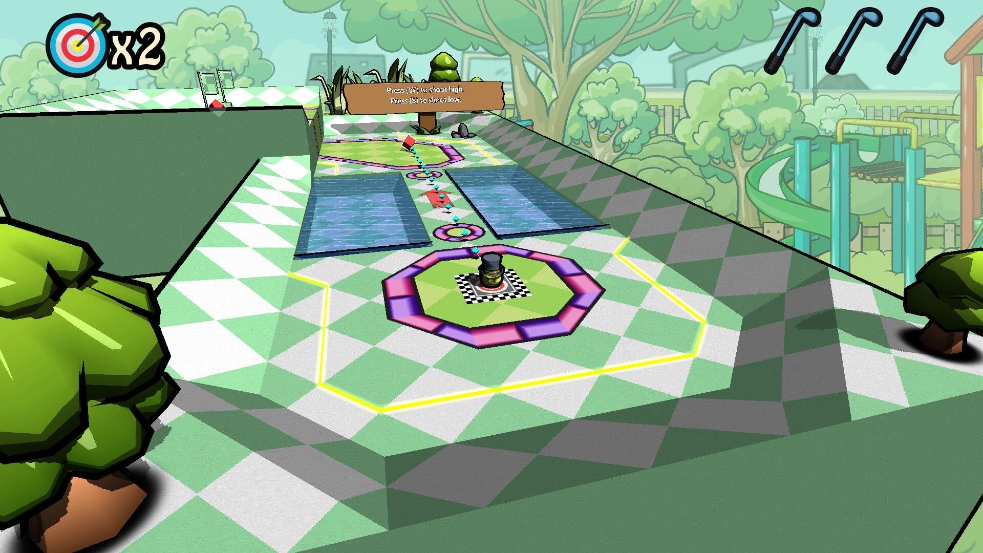 Binary Golf: Colorful mini-golf course with target indicator and power-up icons in a vibrant garden setting