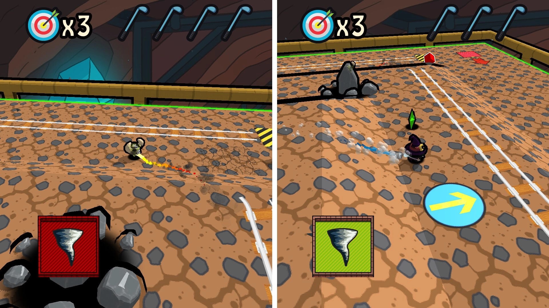 Binary Golf: Split-screen gameplay with colorful arena, targets, and tornado power-up indicators.