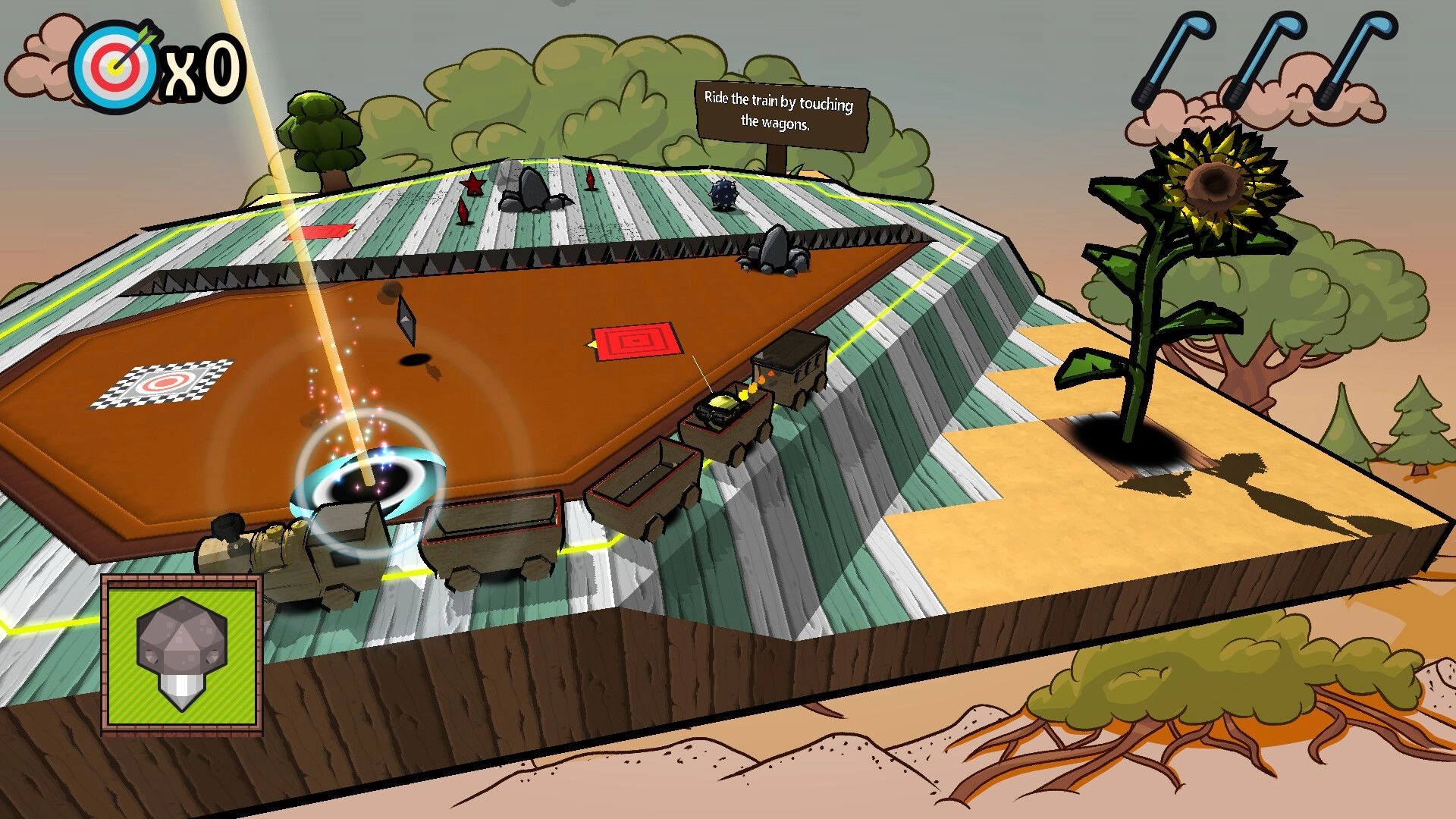 Binary Golf: Cartoonish mini-golf course with obstacles, trains, and a giant sunflower in the background