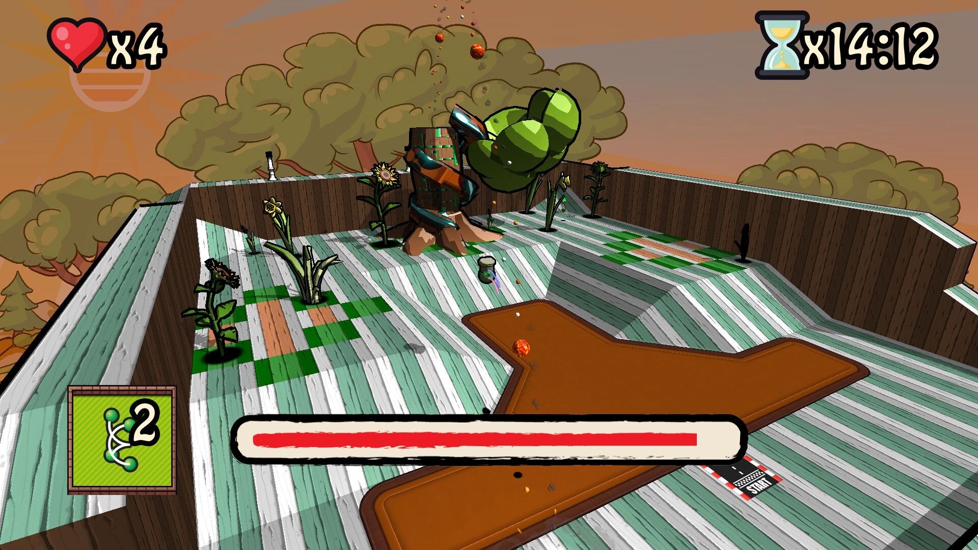 Binary Golf: Cartoonish mini-golf course with timer, health, and power-up displayed on screen