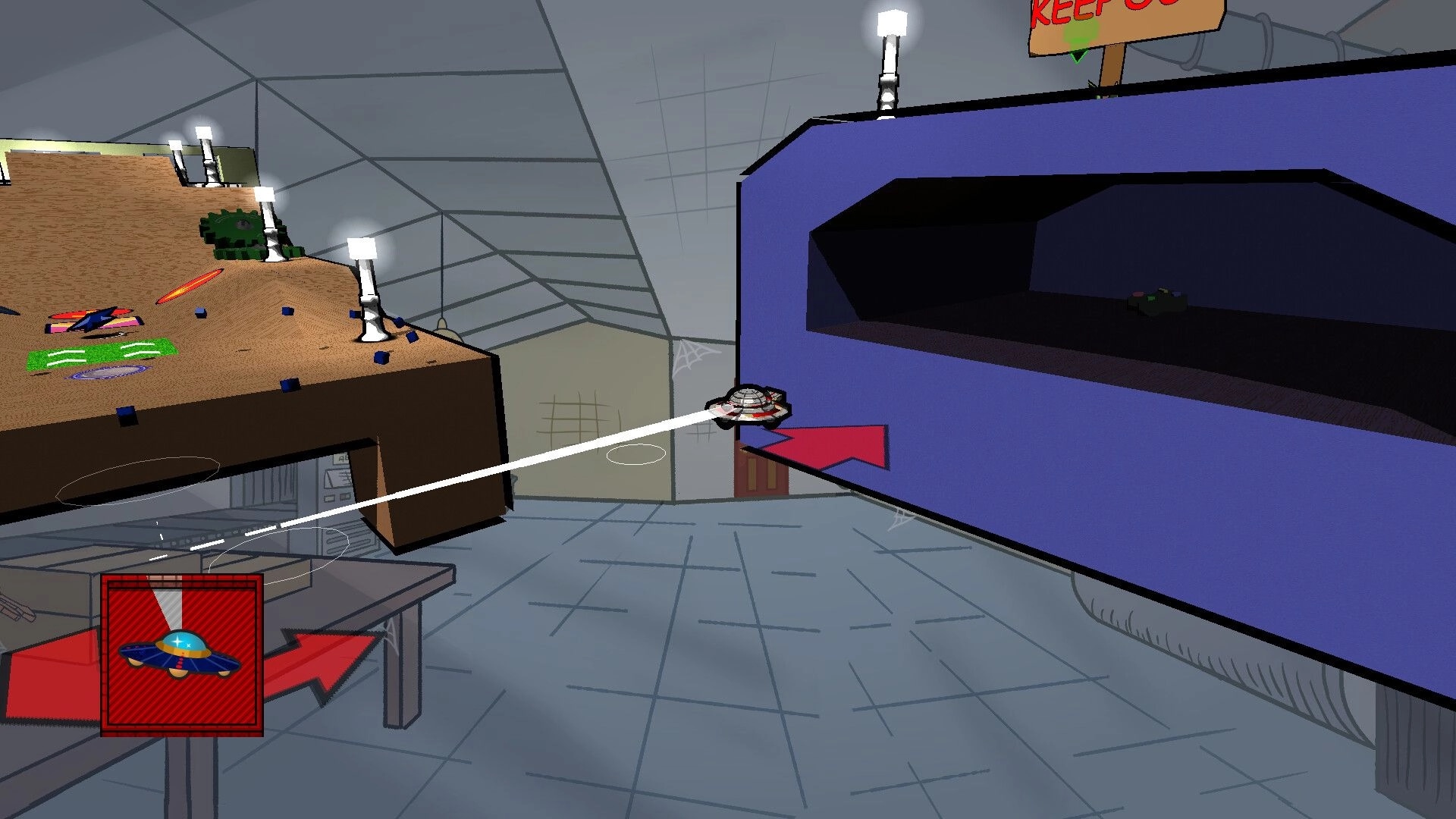 Binary Golf: UFO ball mid-flight in a cluttered room, aiming towards a blue target zone with arrows.