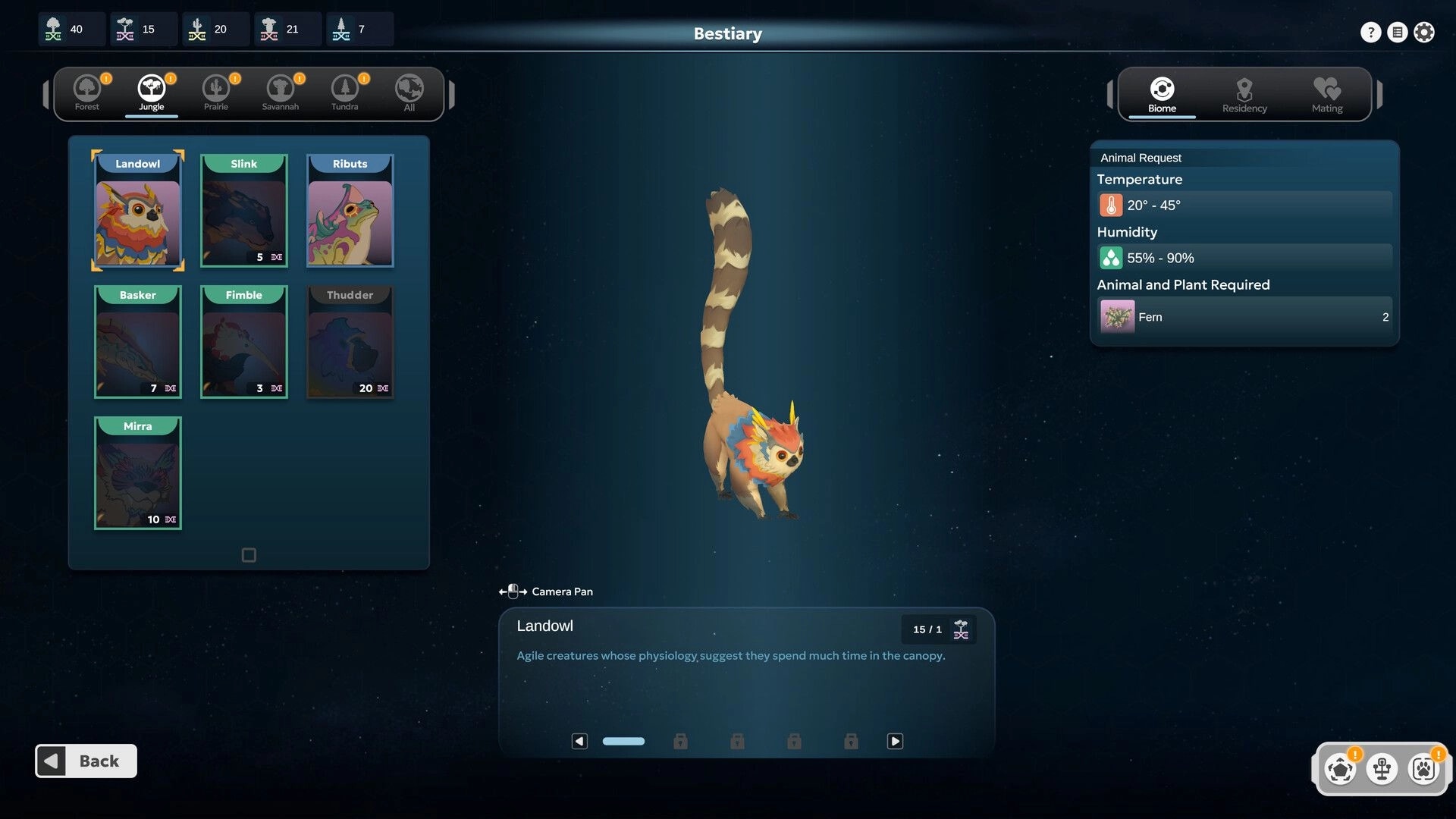 BioEden: Bestiary menu highlighting Landowl with jungle tab, 3D model preview, and habitat needs panel.