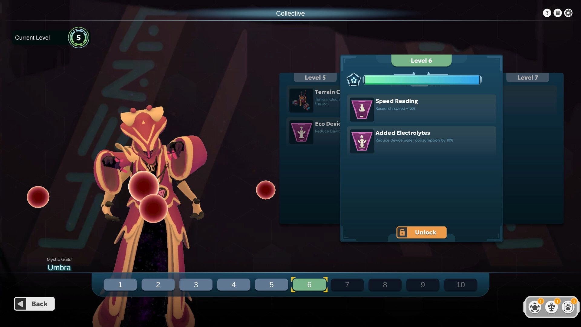 BioEden: Collective upgrade menu at Level 6 with unlock perks beside Mystic Guild Umbra character screen.