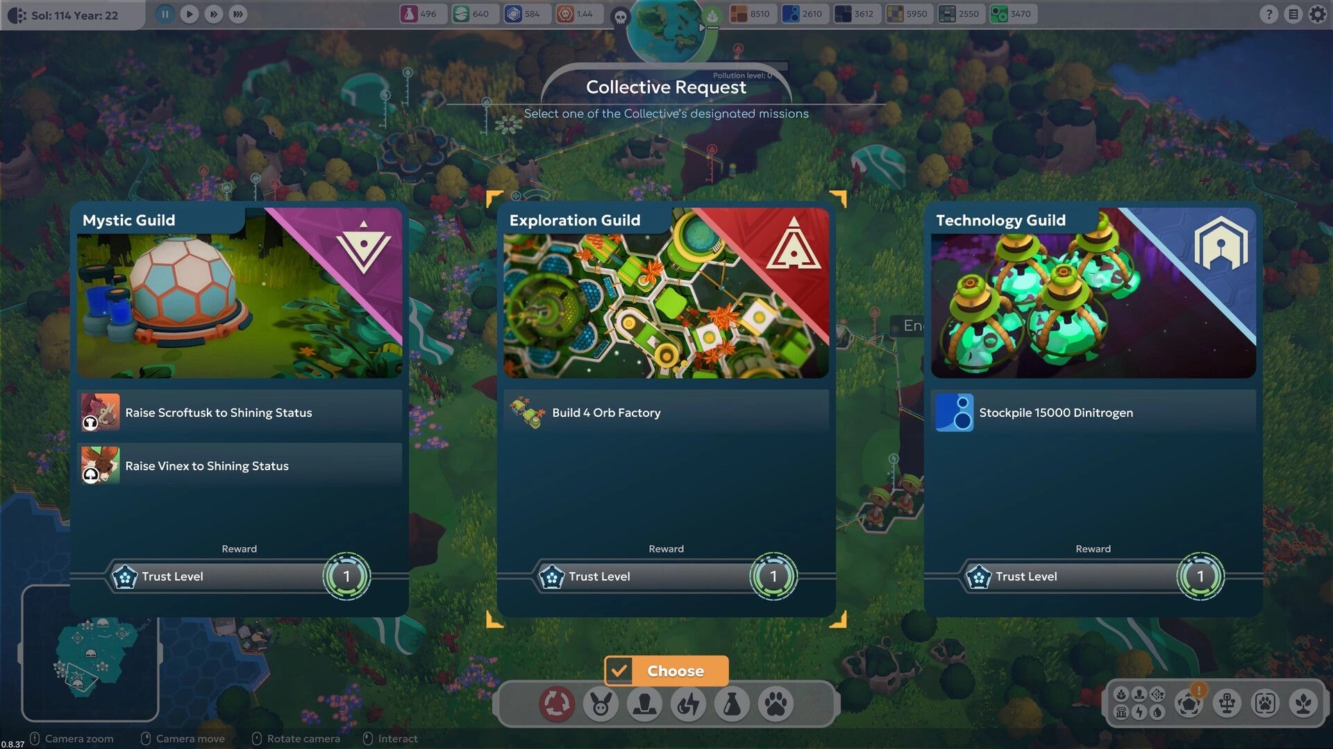 BioEden: Collective Request mission selection with three guild cards over a lush biome map UI.