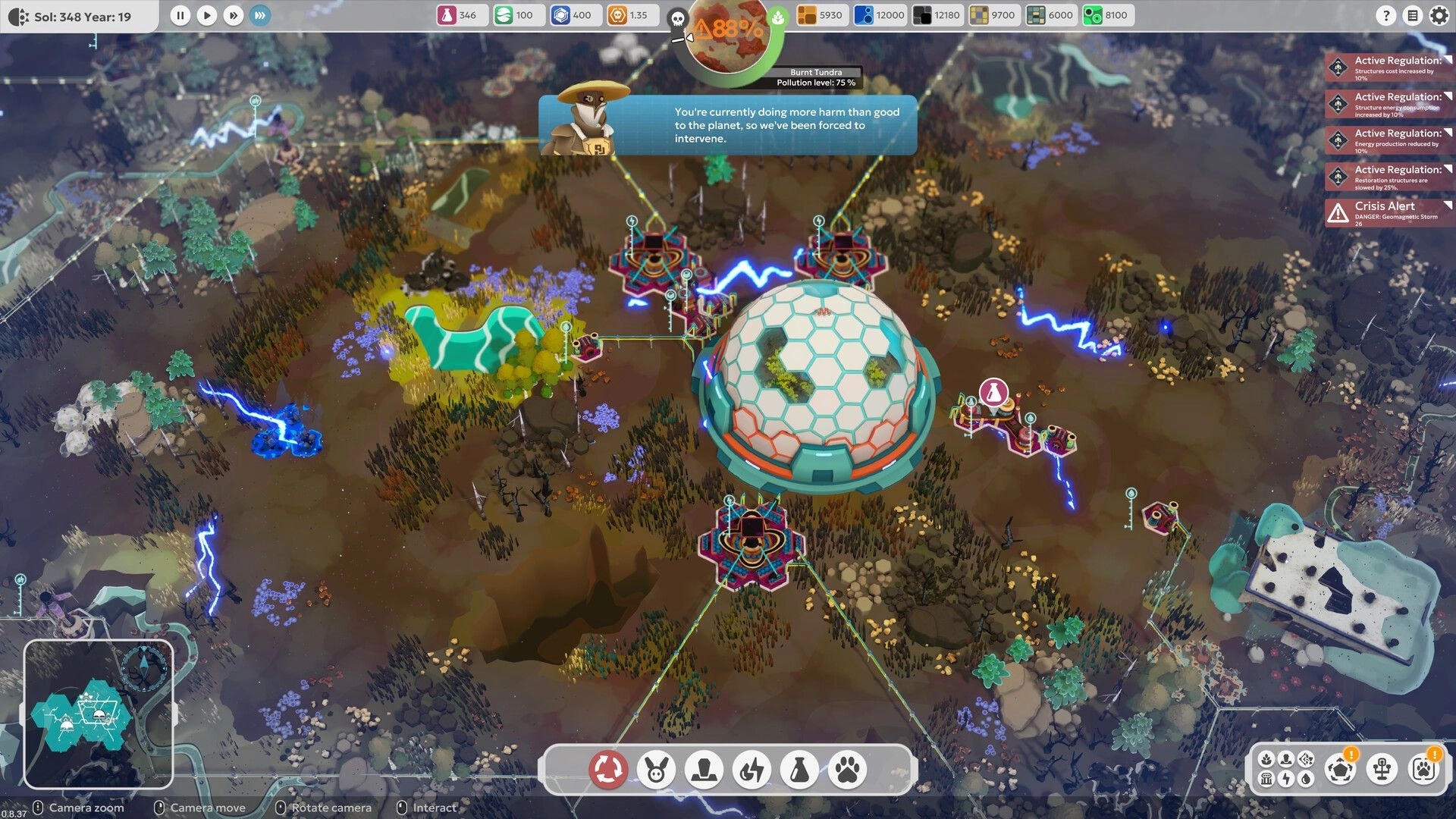 BioEden: Dome base linked by power lines and lightning hazards on a burnt tundra map with alerts UI.