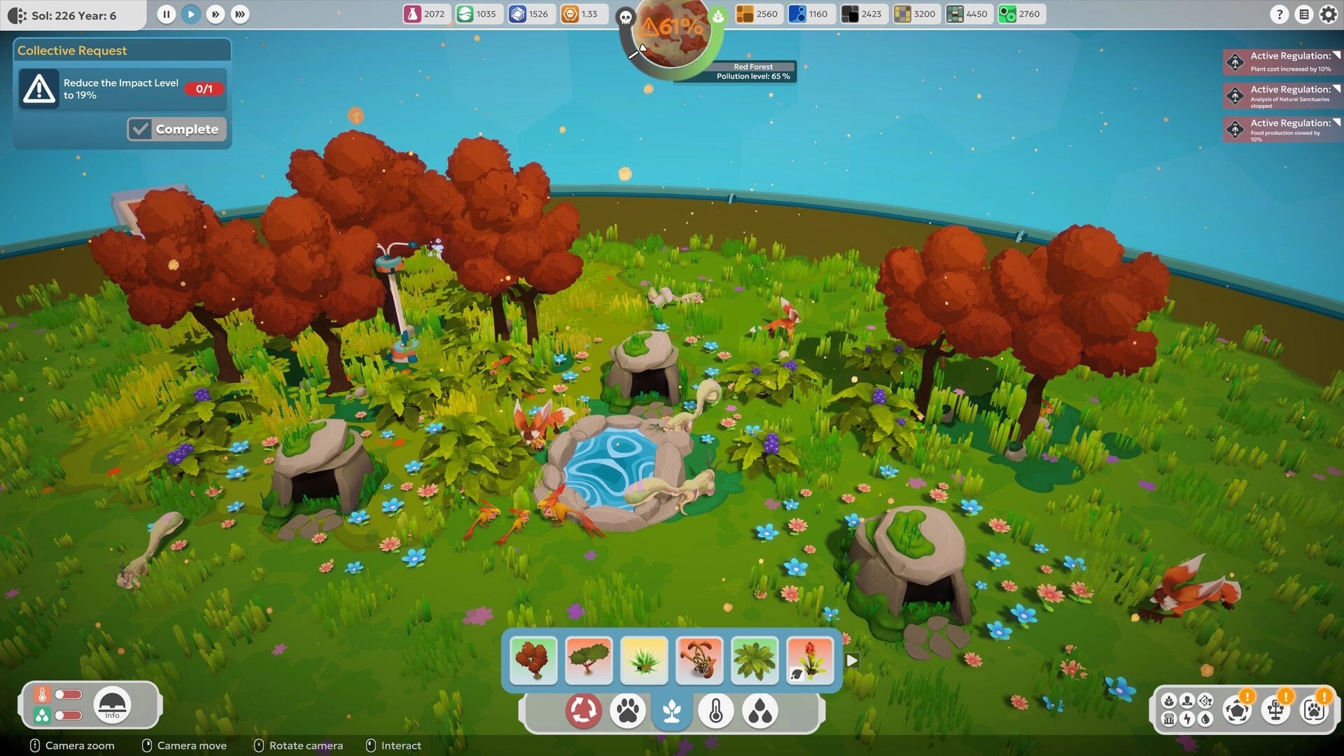 BioEden: Forest biome view with pond, red trees and animals, plant toolbar and impact request UI visible.