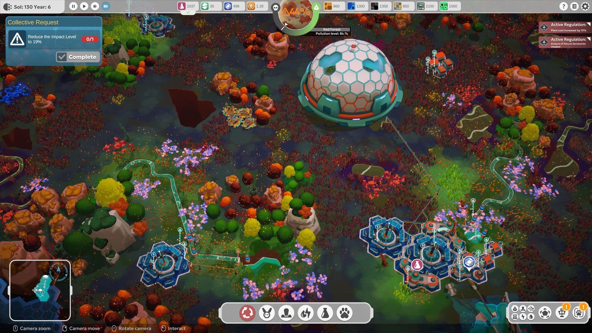 BioEden: Base overview with dome habitat and connected facilities amid red forest, request UI visible.