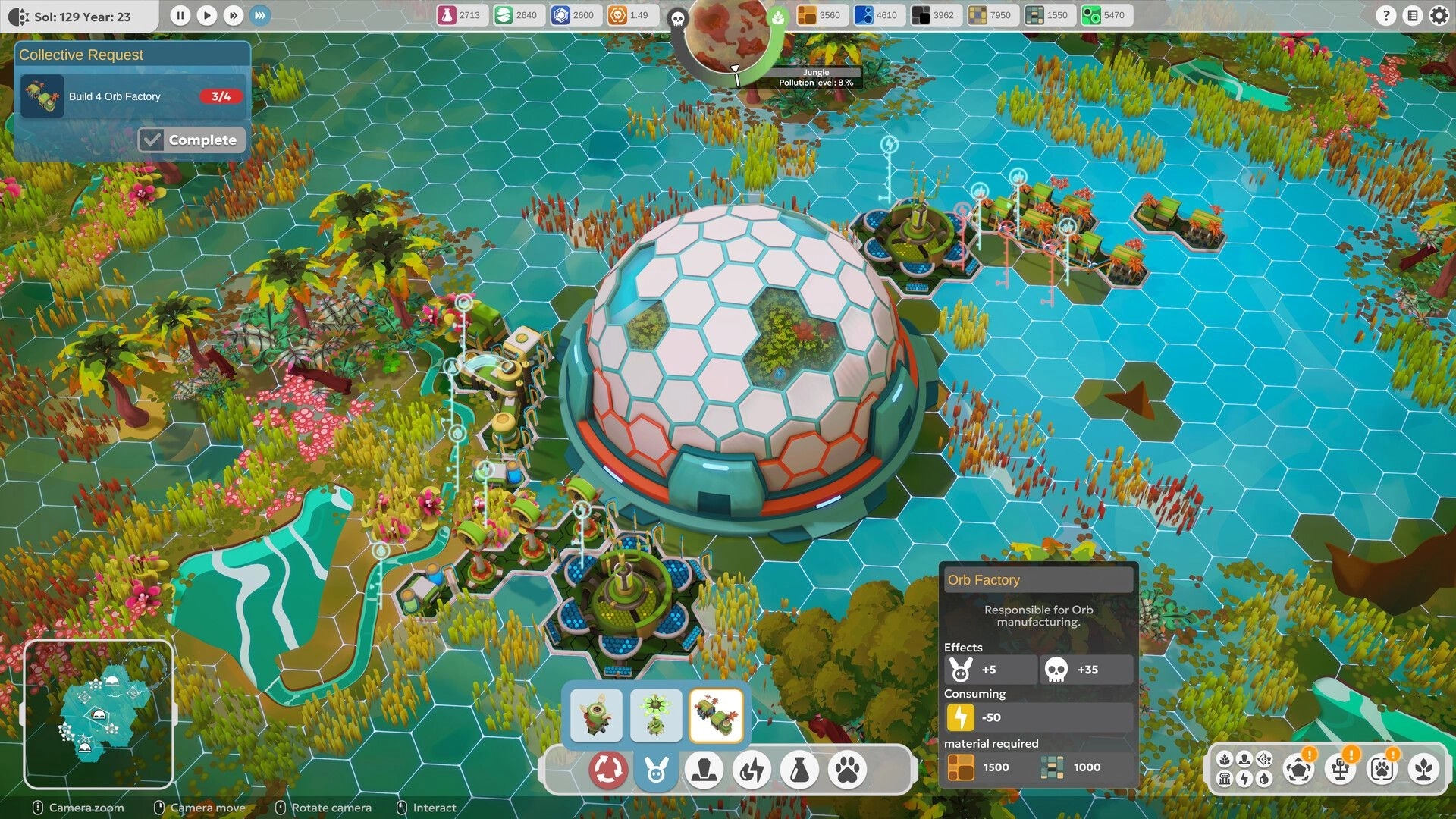BioEden: Managing Orb Factory build request beside a dome habitat on a hex-grid wetland map.